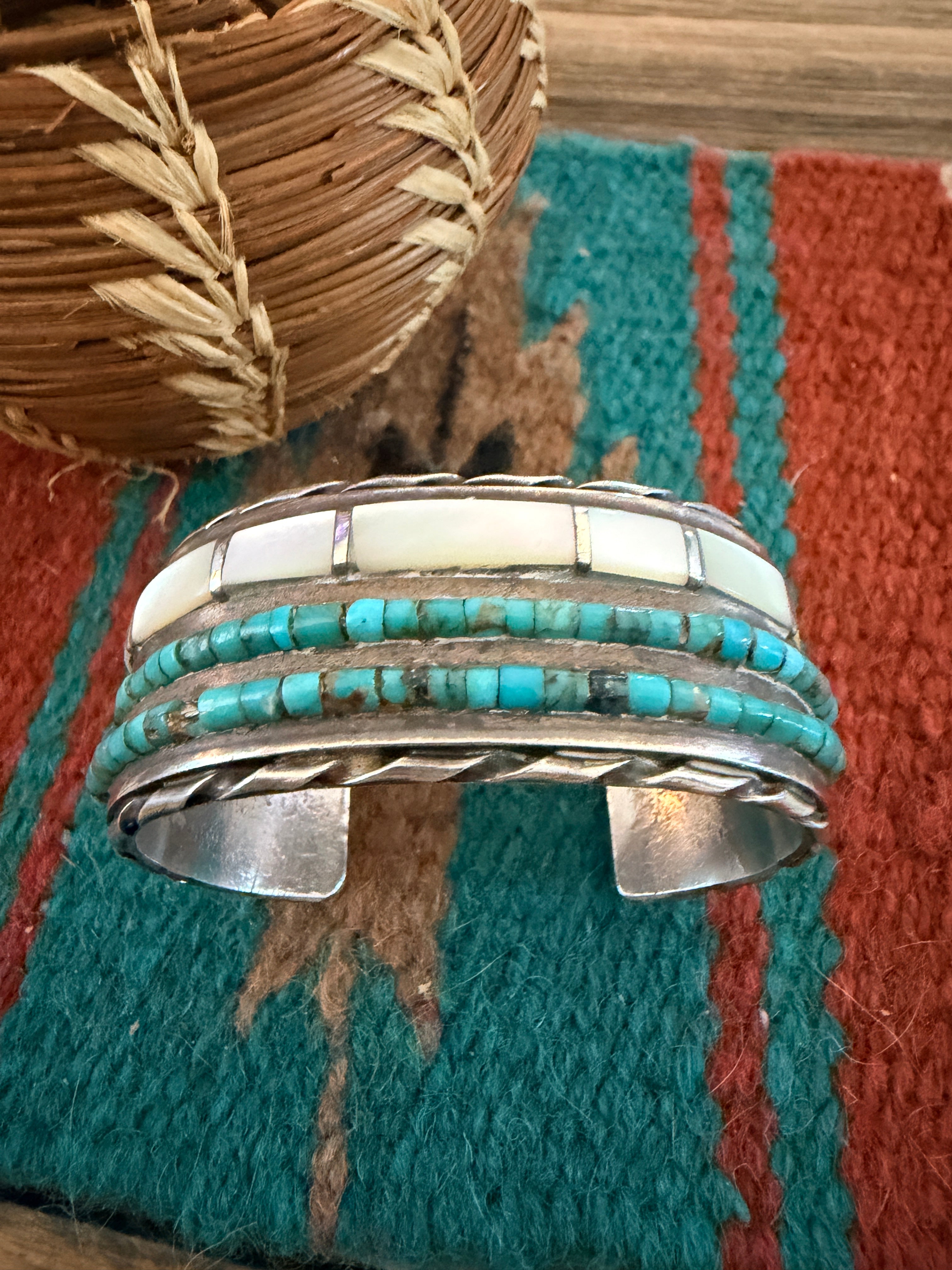 Handcrafted Old Pawn Sterling Silver, Turquoise & Mother of Pearl Inlay Cuff Bracelet