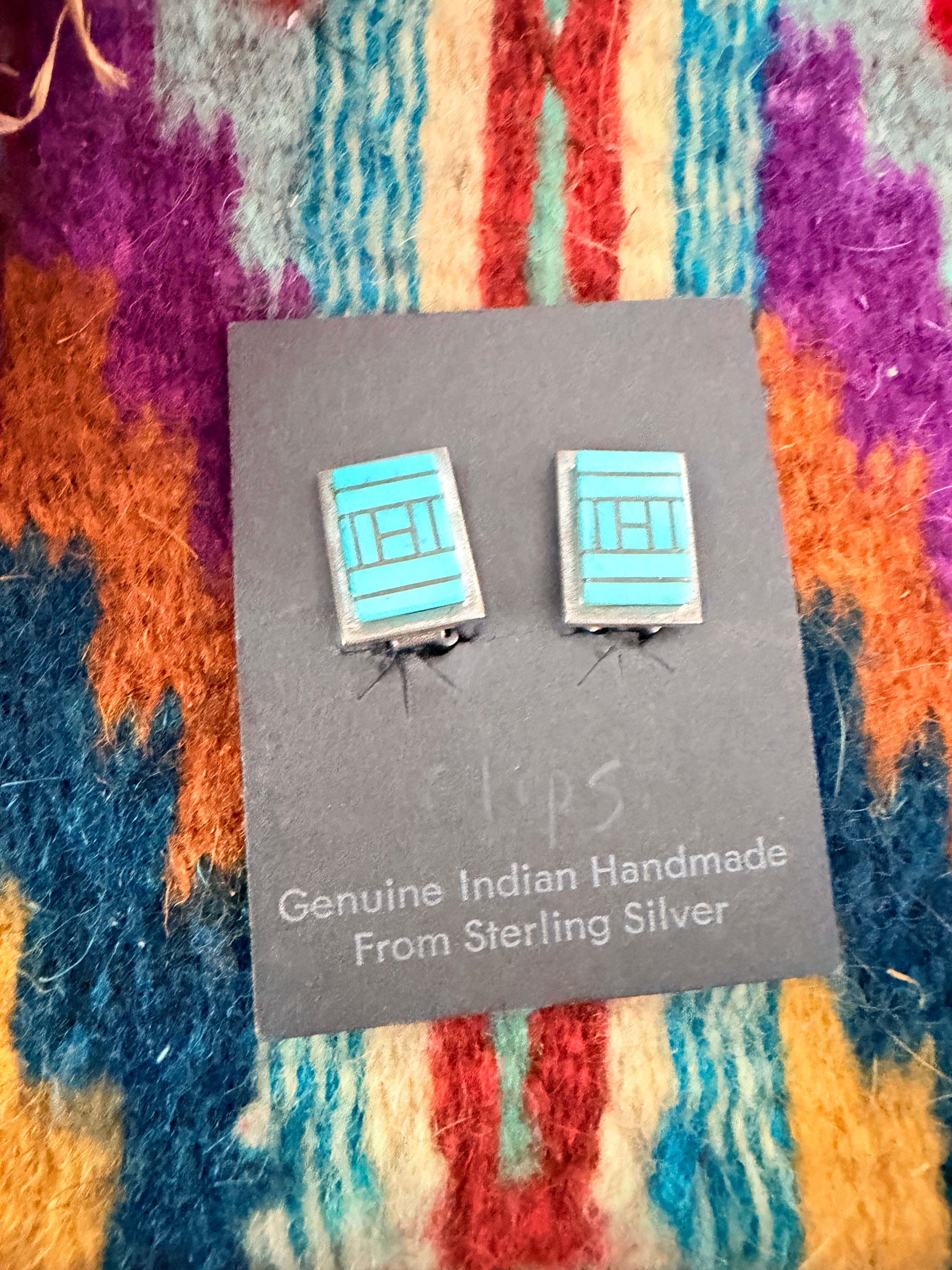 Old Pawn Handcrafted Sterling Silver & Turquoise Inlay Clip On Earrings