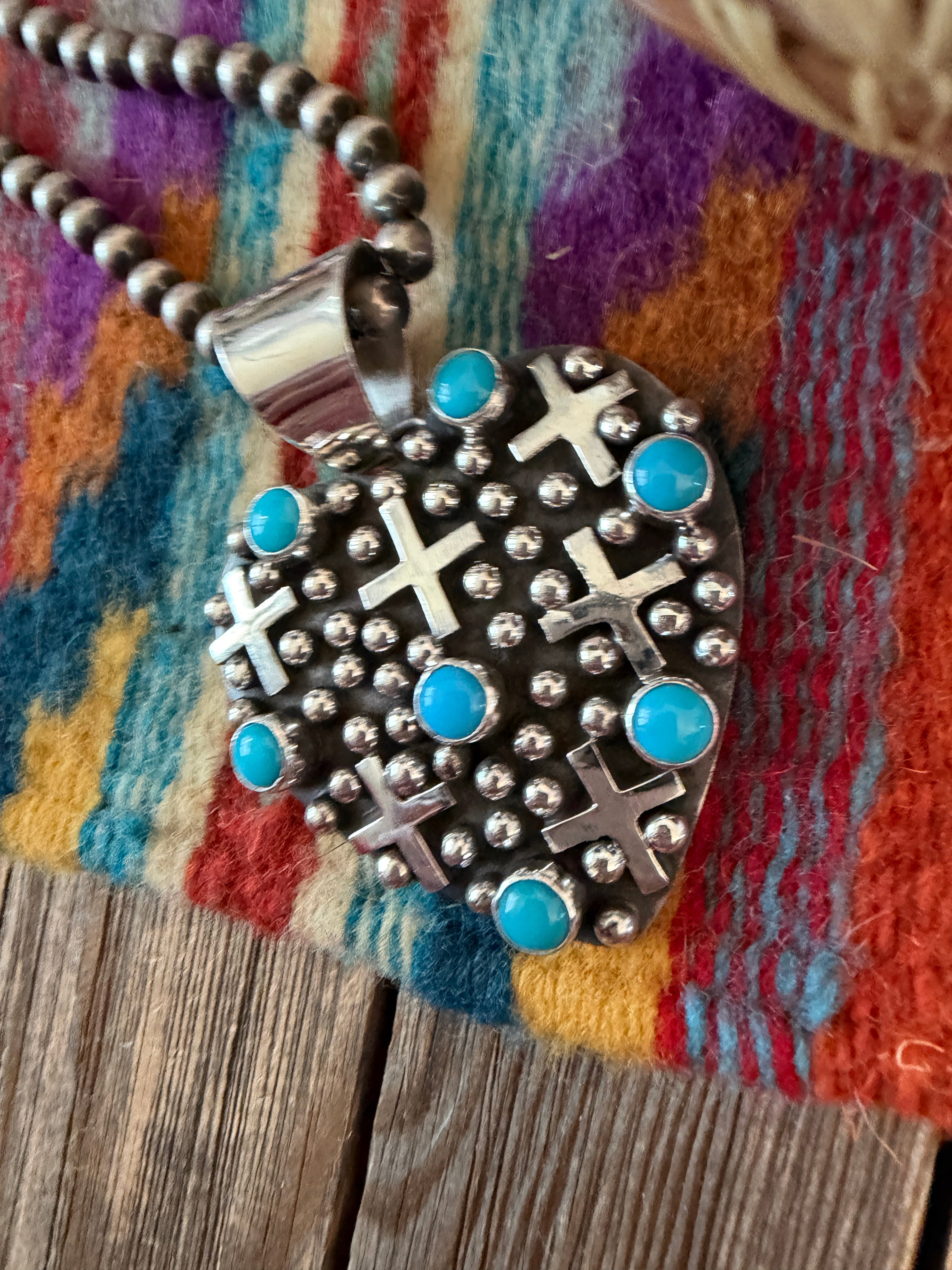 Handcrafted Turquoise & Sterling Silver Heart Cross Pendant by Geneva Apachito