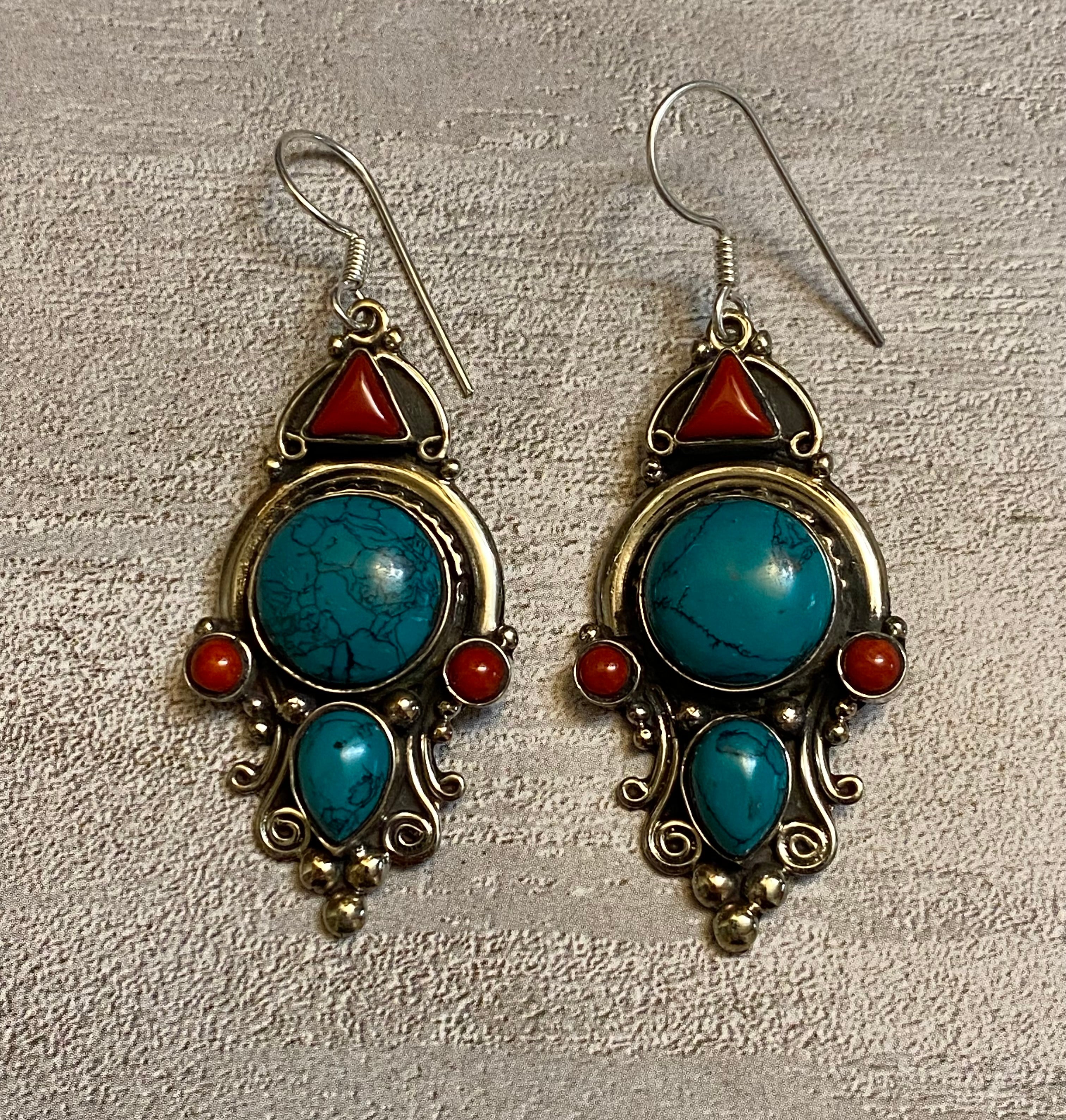 Silver Elegant Turquoise & Red Coral Dangle Statement Earrings