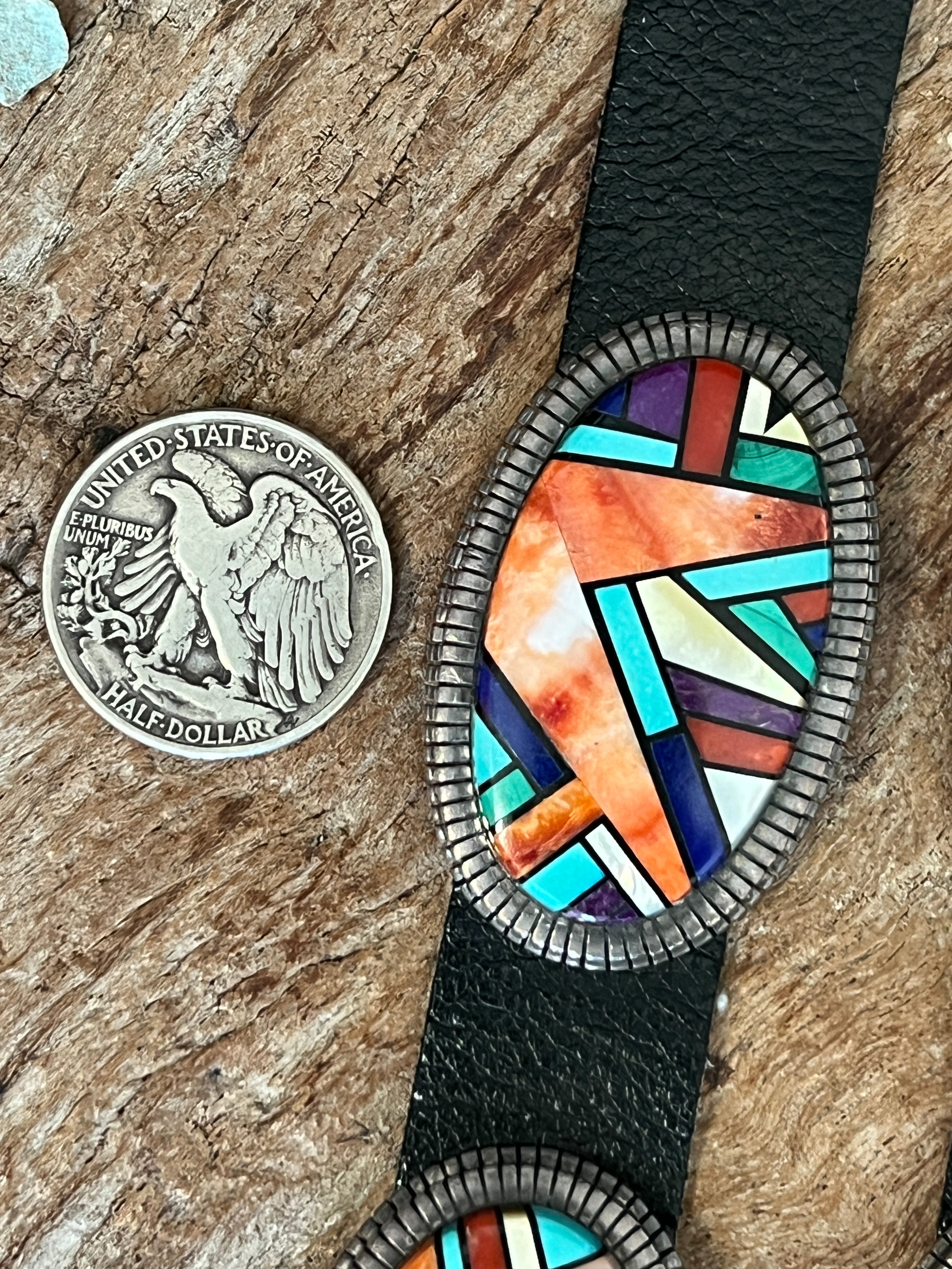 Phenomenal Old Pawn Handcrafted Sterling Silver and Multi Stone Inlay Concho Belt by Ray Jack