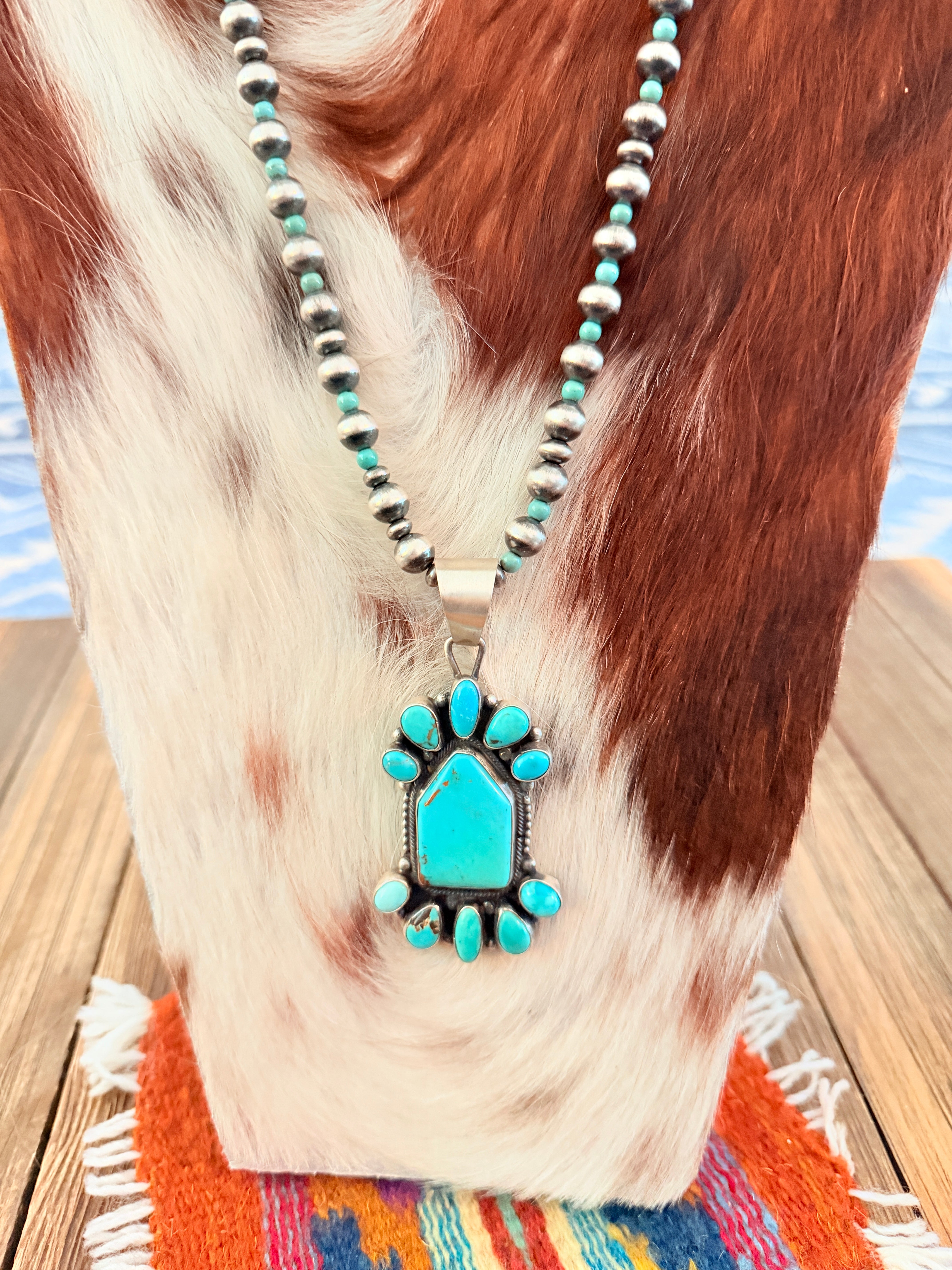 Handcrafted Turquoise & Sterling Silver Cluster Beaded Necklace by Sheila Becenti