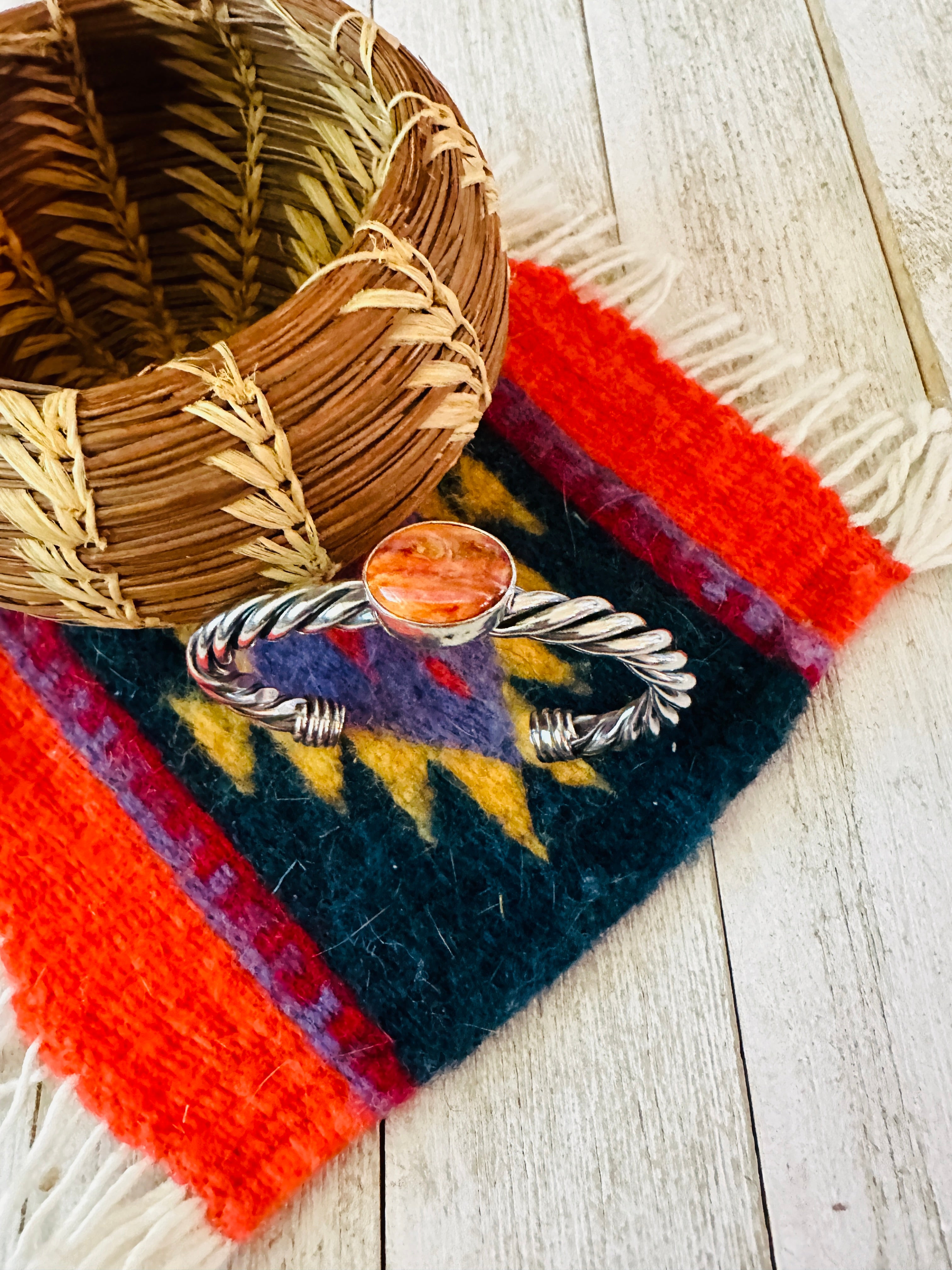 Navajo Twisted Sterling Silver & Orange Spiny Cuff Bracelet