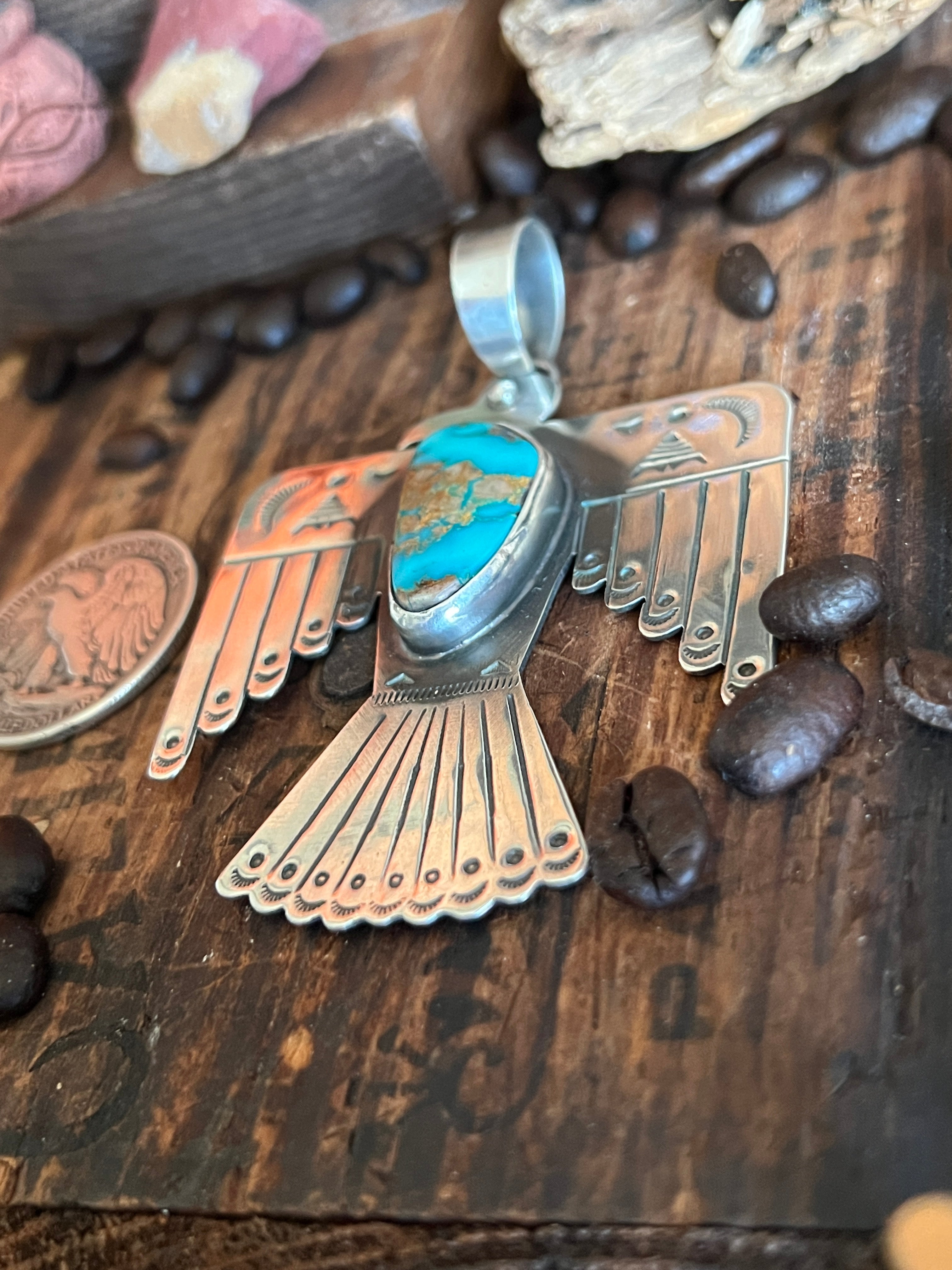 Hand Stamped Sterling Silver & Royston Turquoise Thunderbird Pendant by Kimari Somers