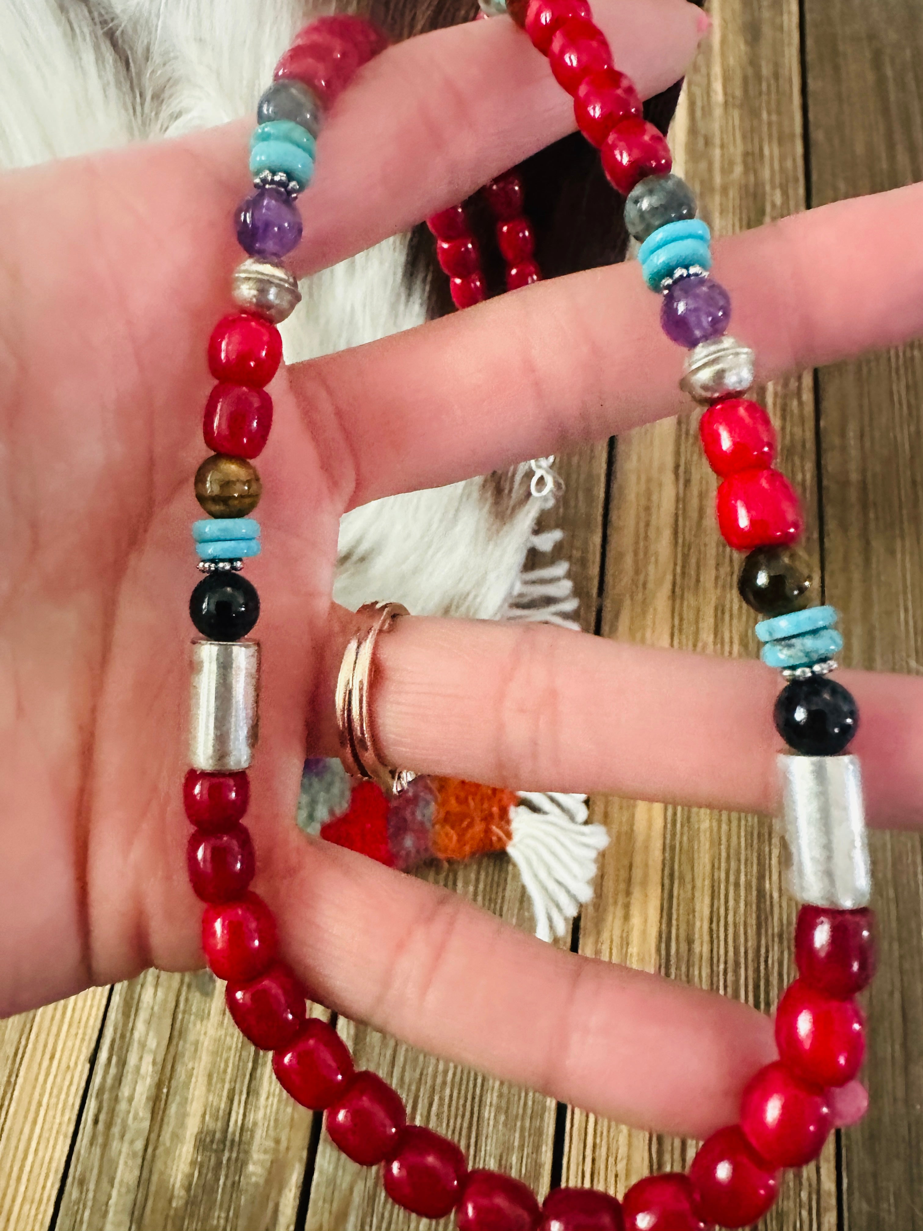 Handcrafted Multi Stone & Sterling Silver Beaded 18” Necklace by T & R Singer