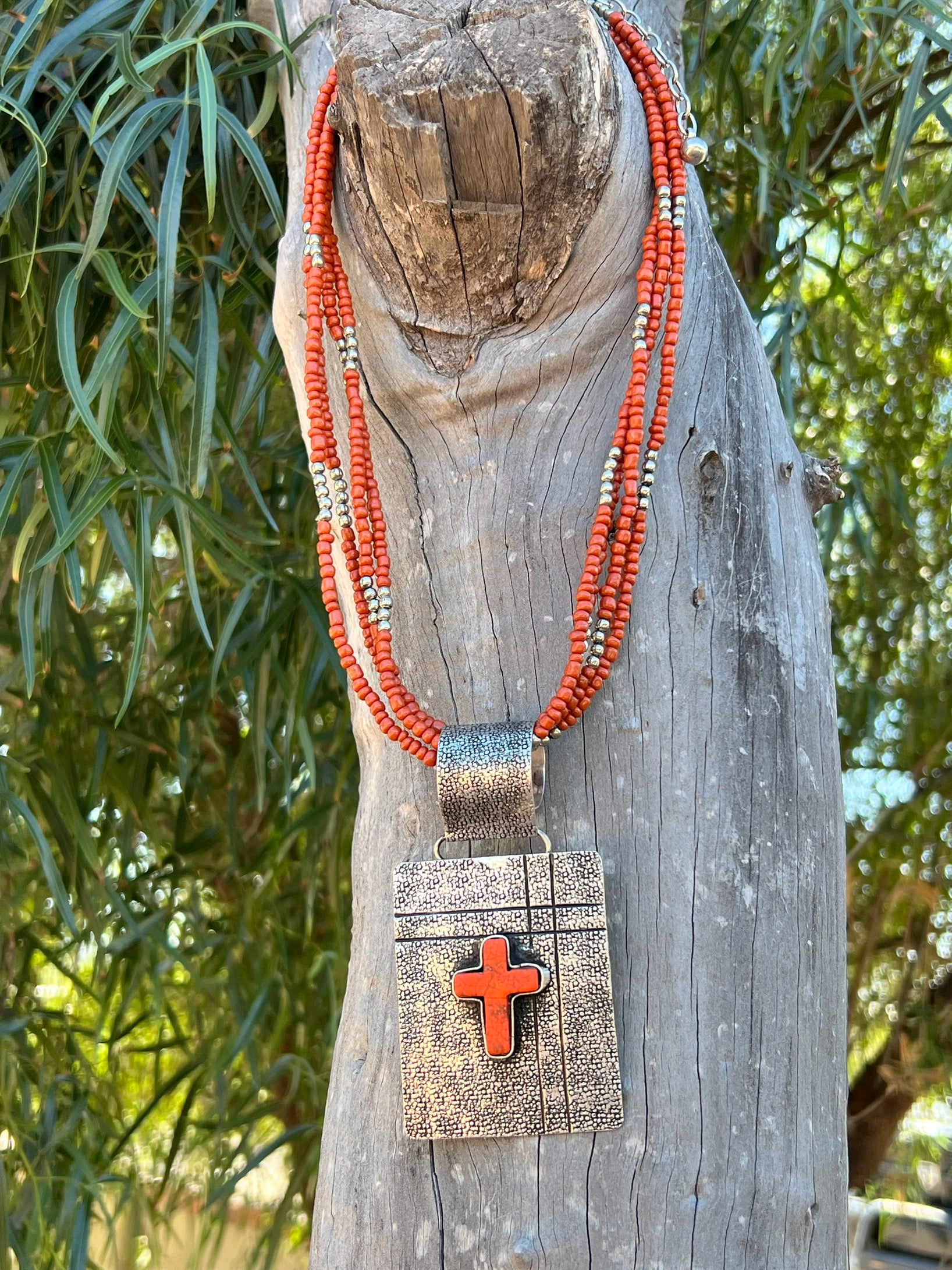 Vintage 4 Strand Orange Beaded Necklace With Cross Pendant