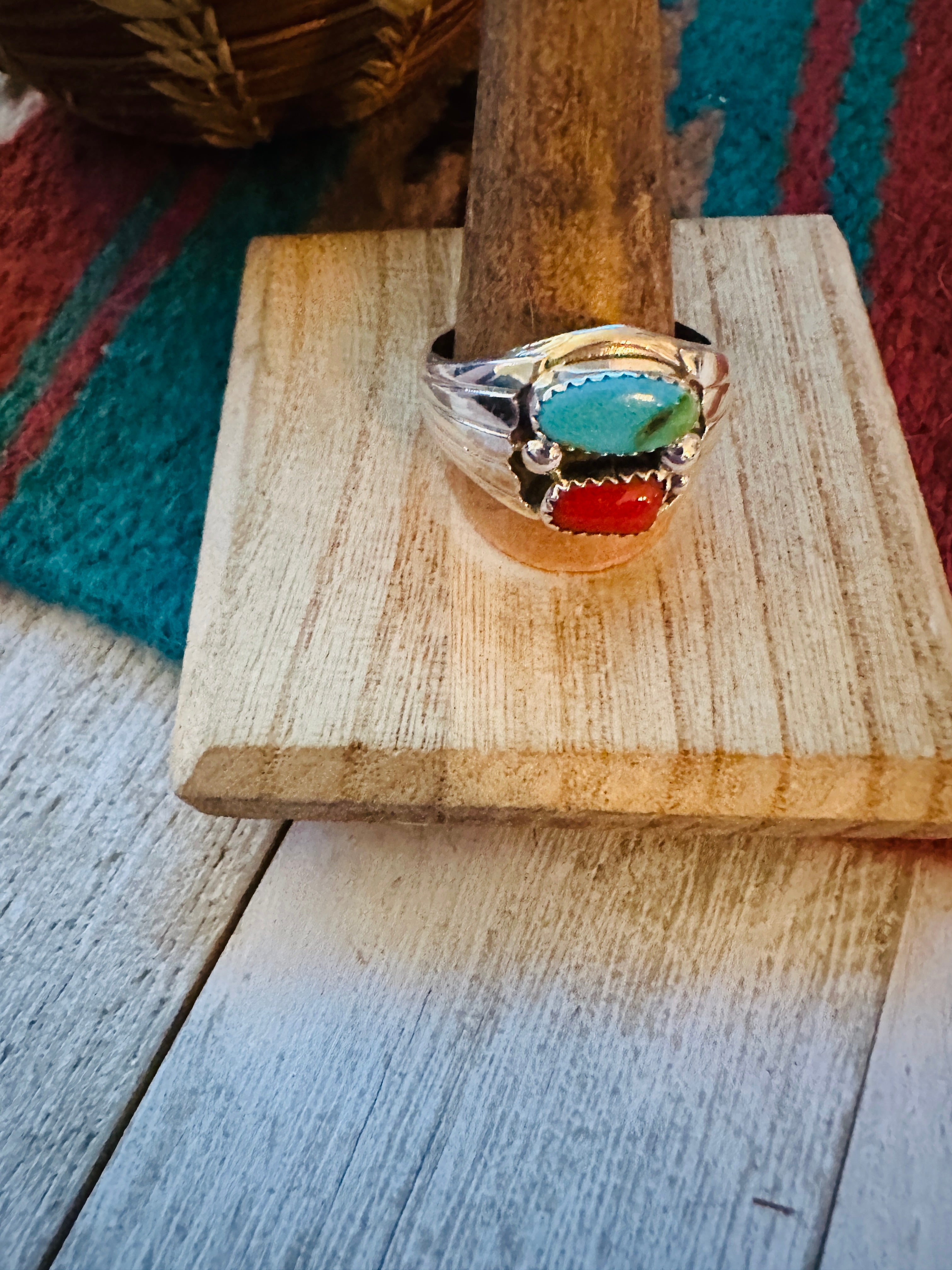 Navajo Turquoise, Coral & Sterling Silver Ring Size 13