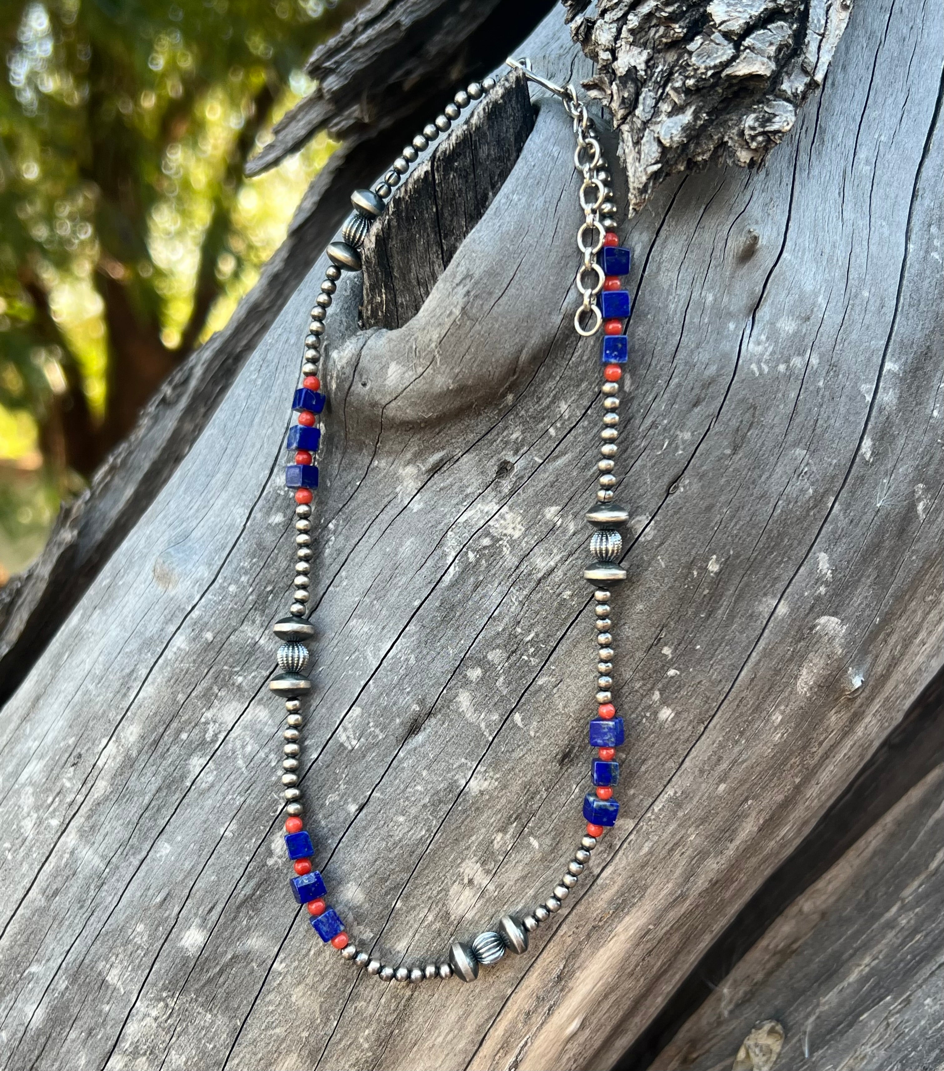 Handmade Coral & Lapis Beaded Sterling Silver Necklace