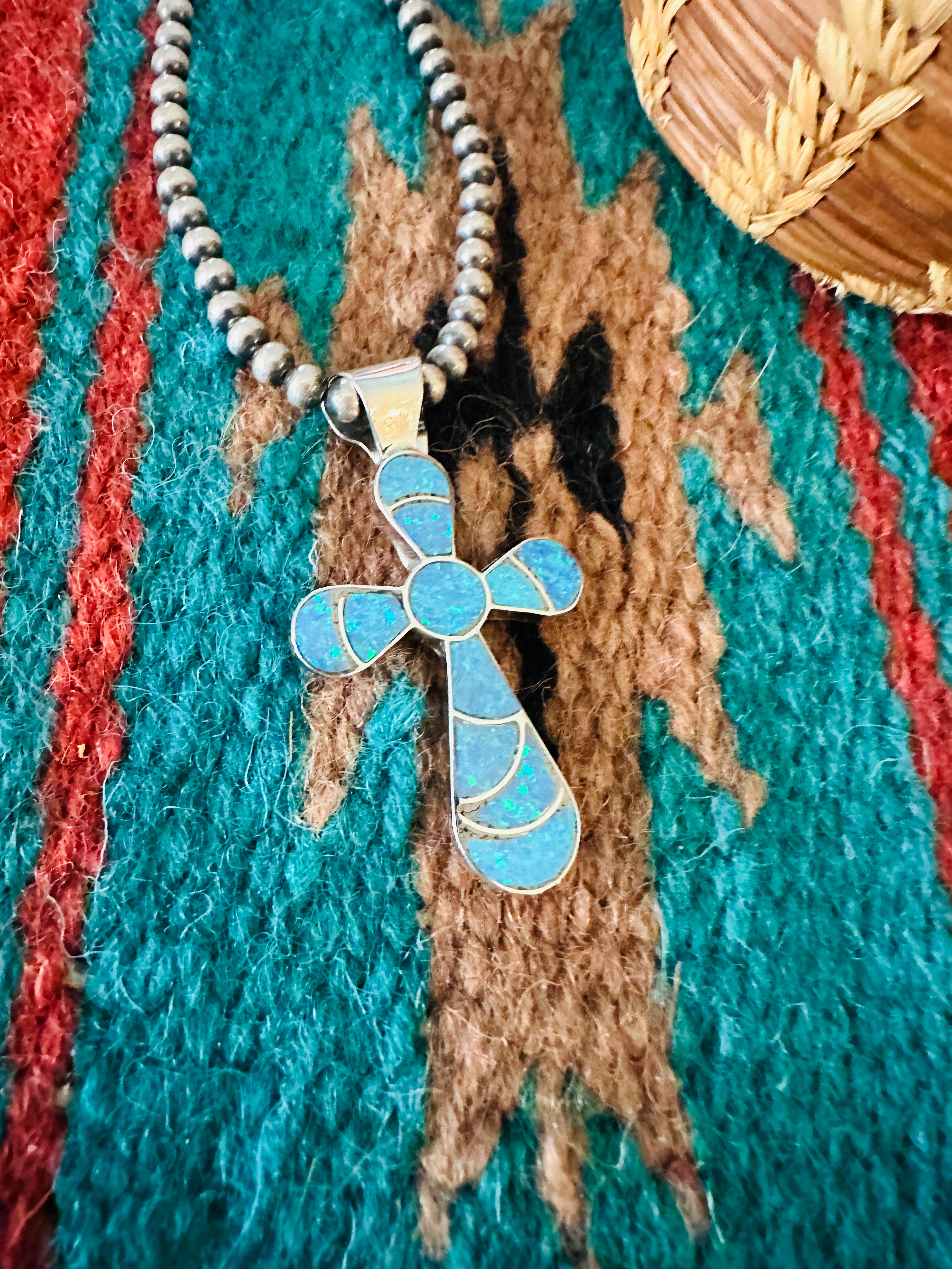 Zuni Sterling Silver & Blue Opal Inlay Cross Pendant Signed