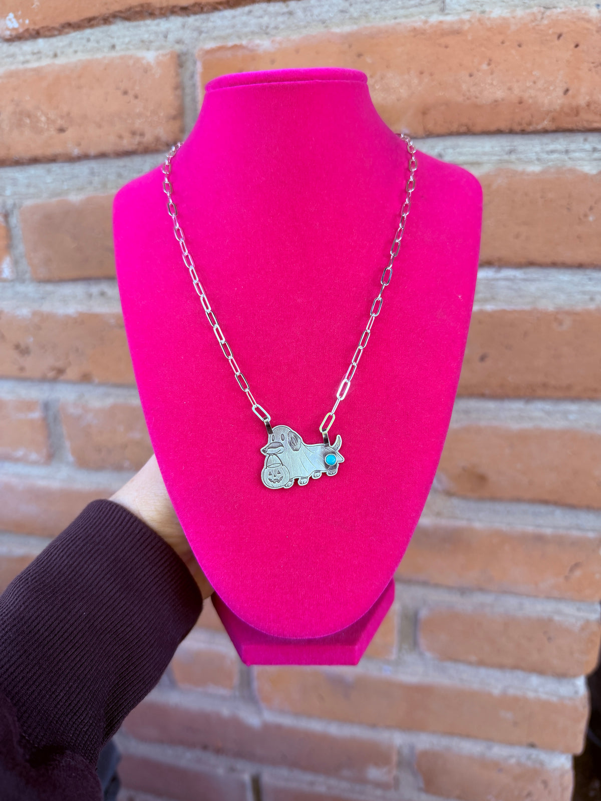 Handmade Sterling Silver & Kingman Turquoise 18” Wiener Dog Halloween ￼Necklace by Roaming Buffalo