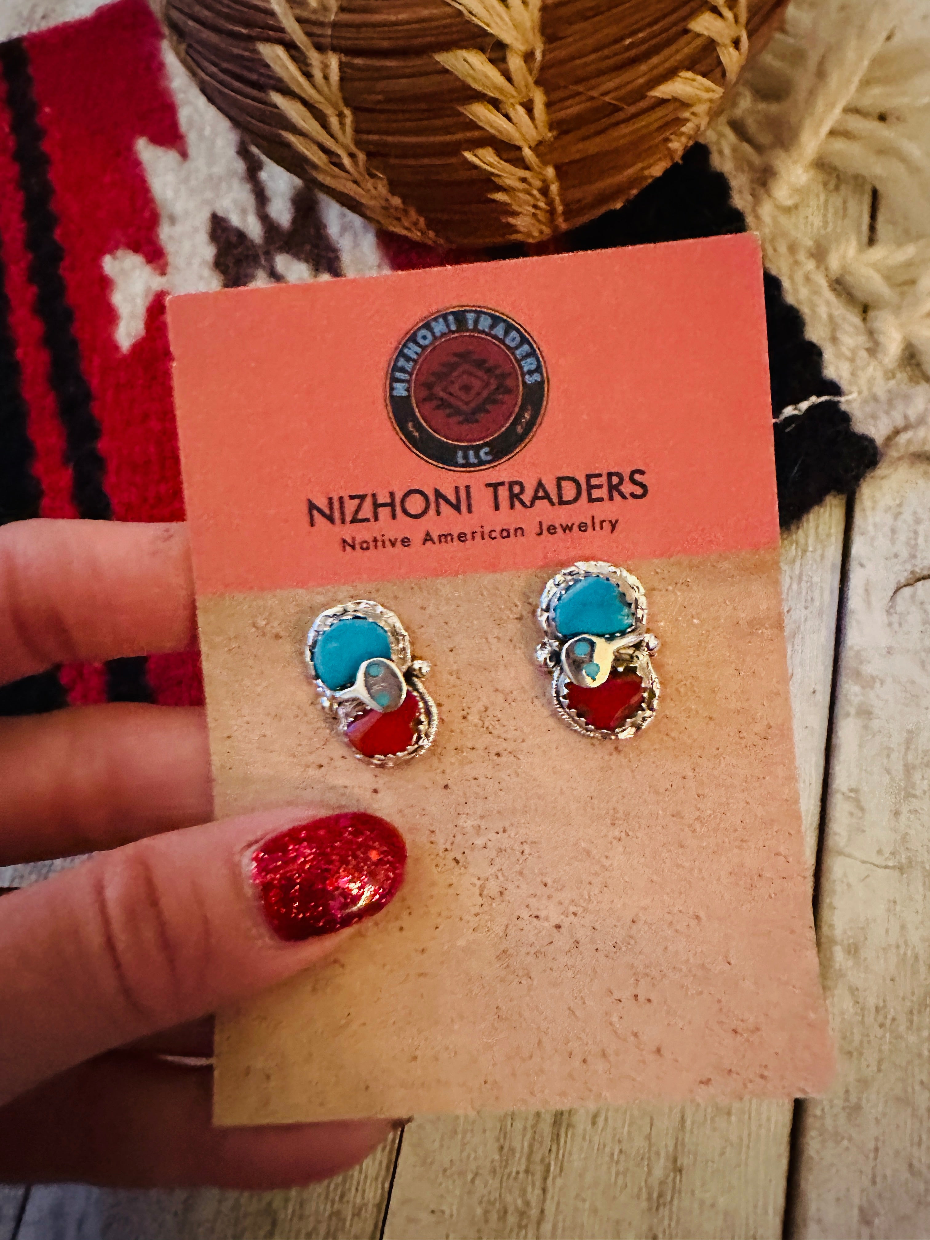 Zuni Sterling Silver, Turquoise & Coral Post Earrings by Effie Calavaza