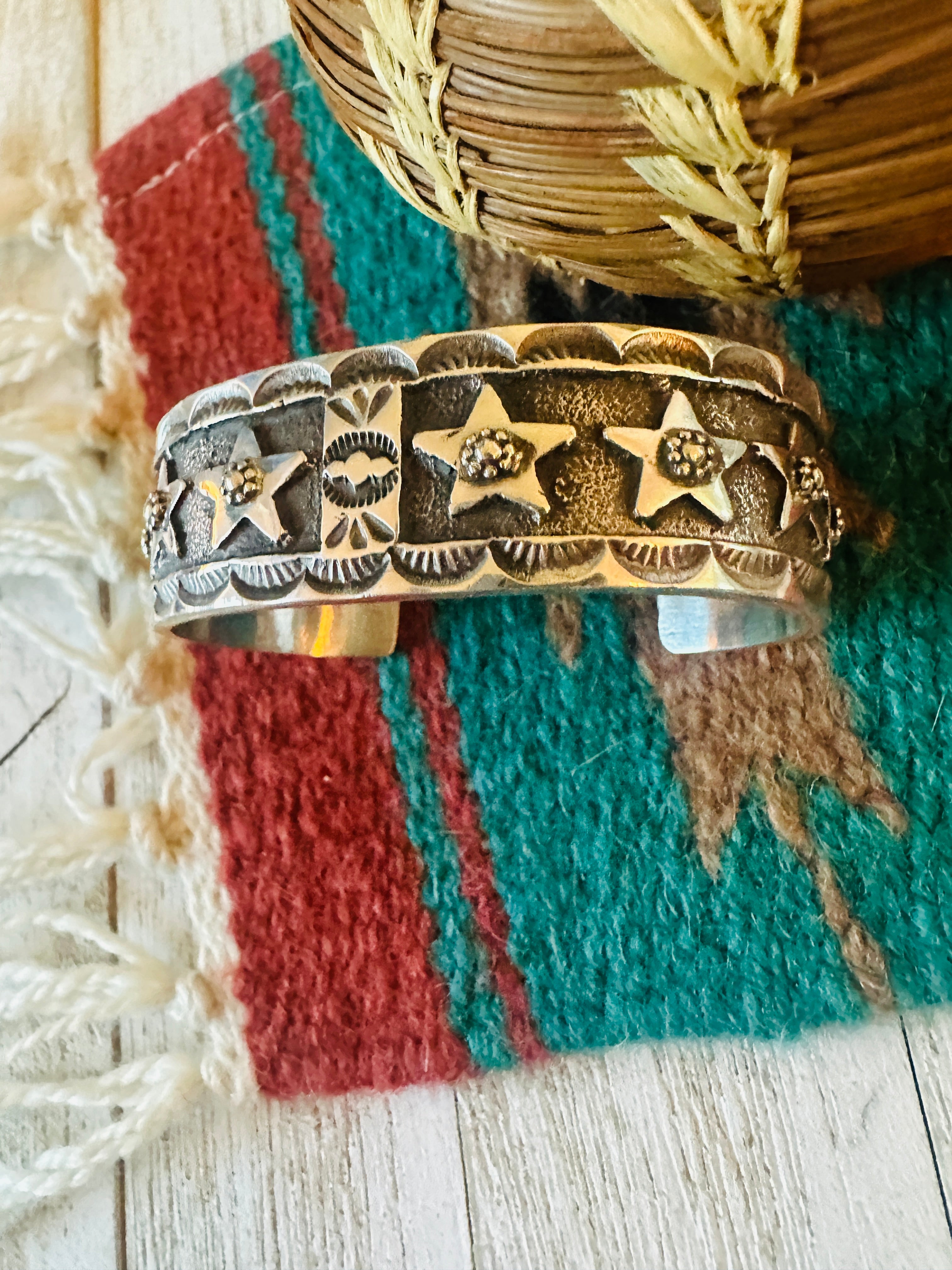 Navajo Hand Stamped Sterling Silver Feather Star Cuff Bracelet