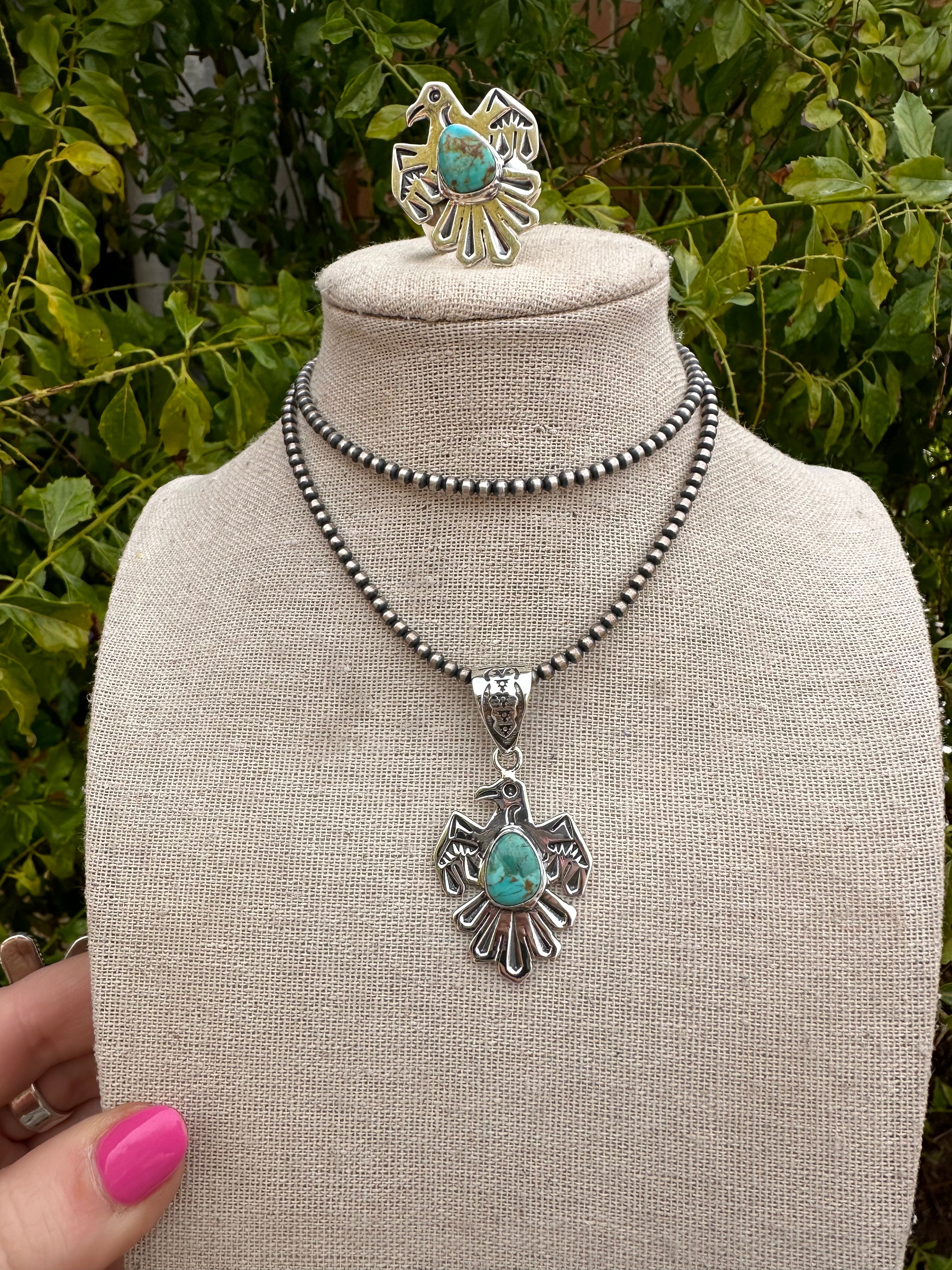 Handmade Sterling Silver & Number 8 Turquoise Thunderbird Pendant Signed Nizhoni