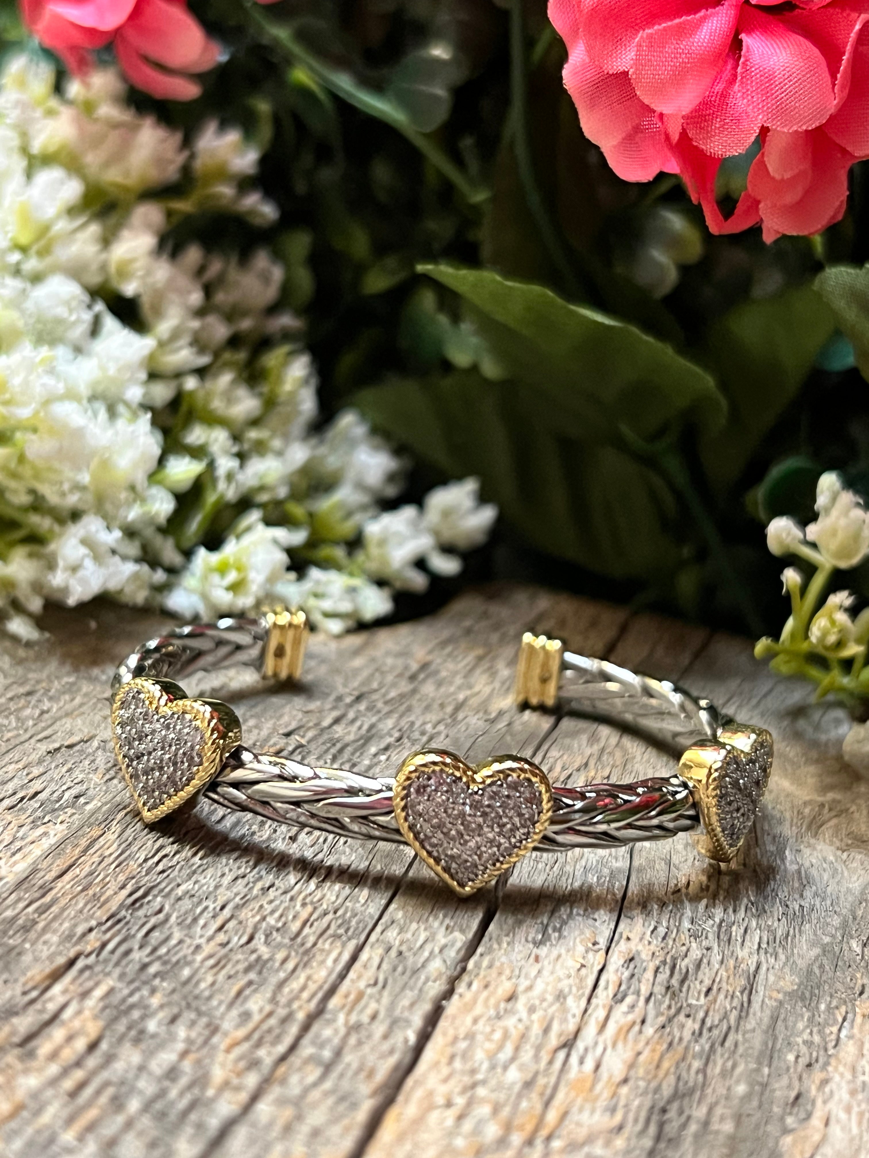 Silver & 14k Gold Plated Two Tone Ponytail CZ 3-Heart Bangle Bracelet