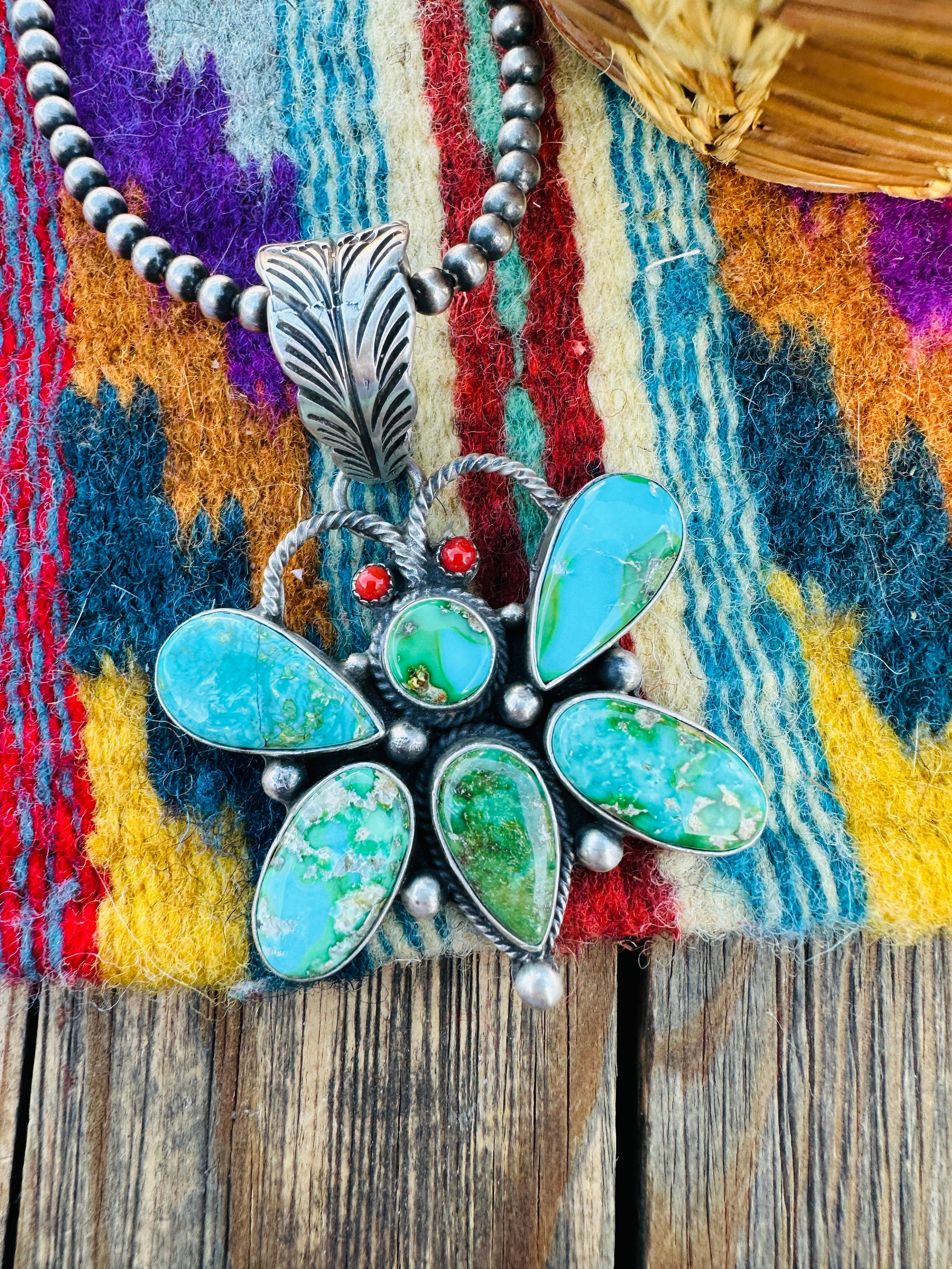 Handcrafted Sterling Silver, Turquoise & Coral Dragonfly Pendant by Emer Thompson