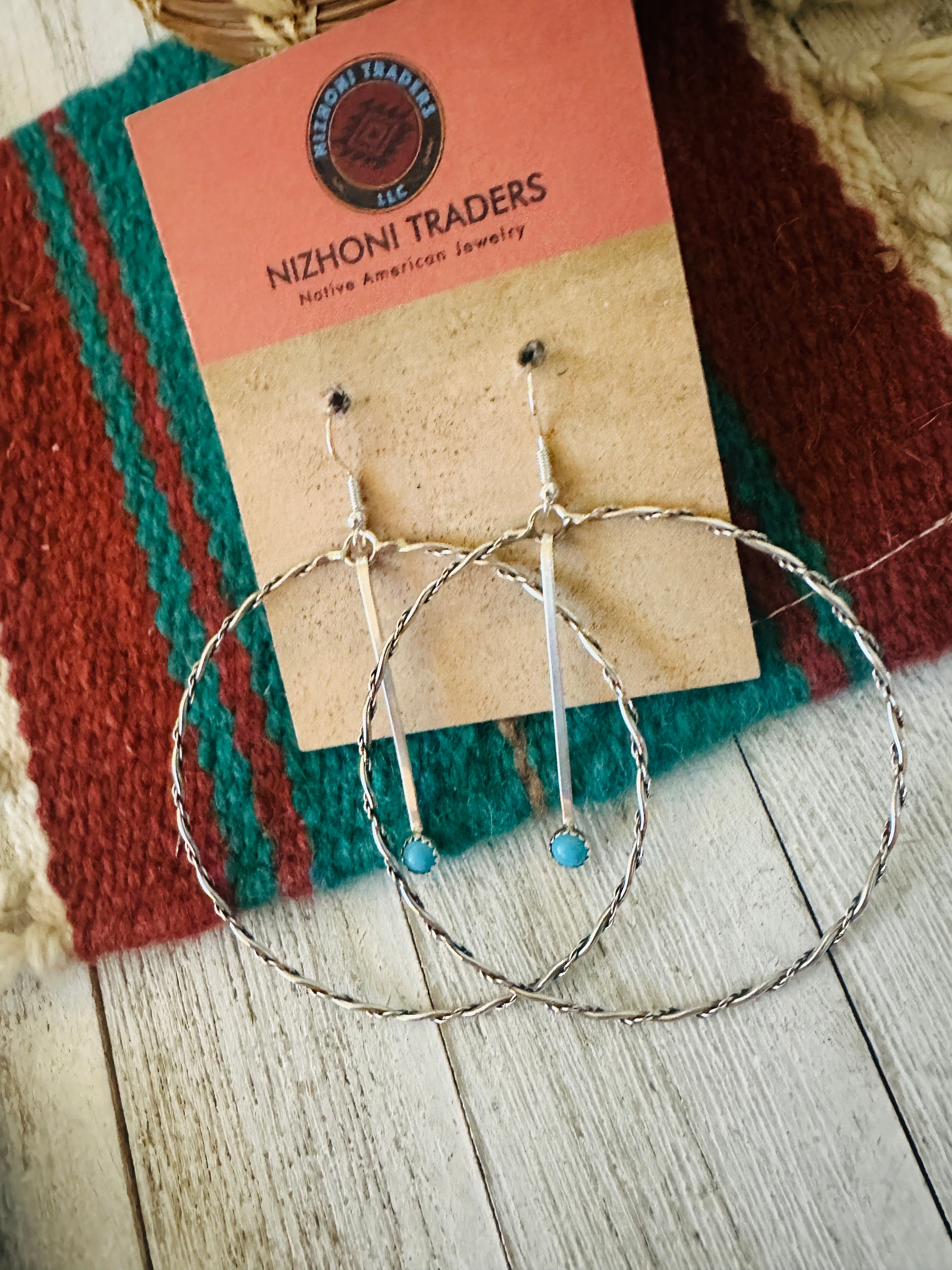 Navajo Sterling Silver & Turquoise Hoop Earrings