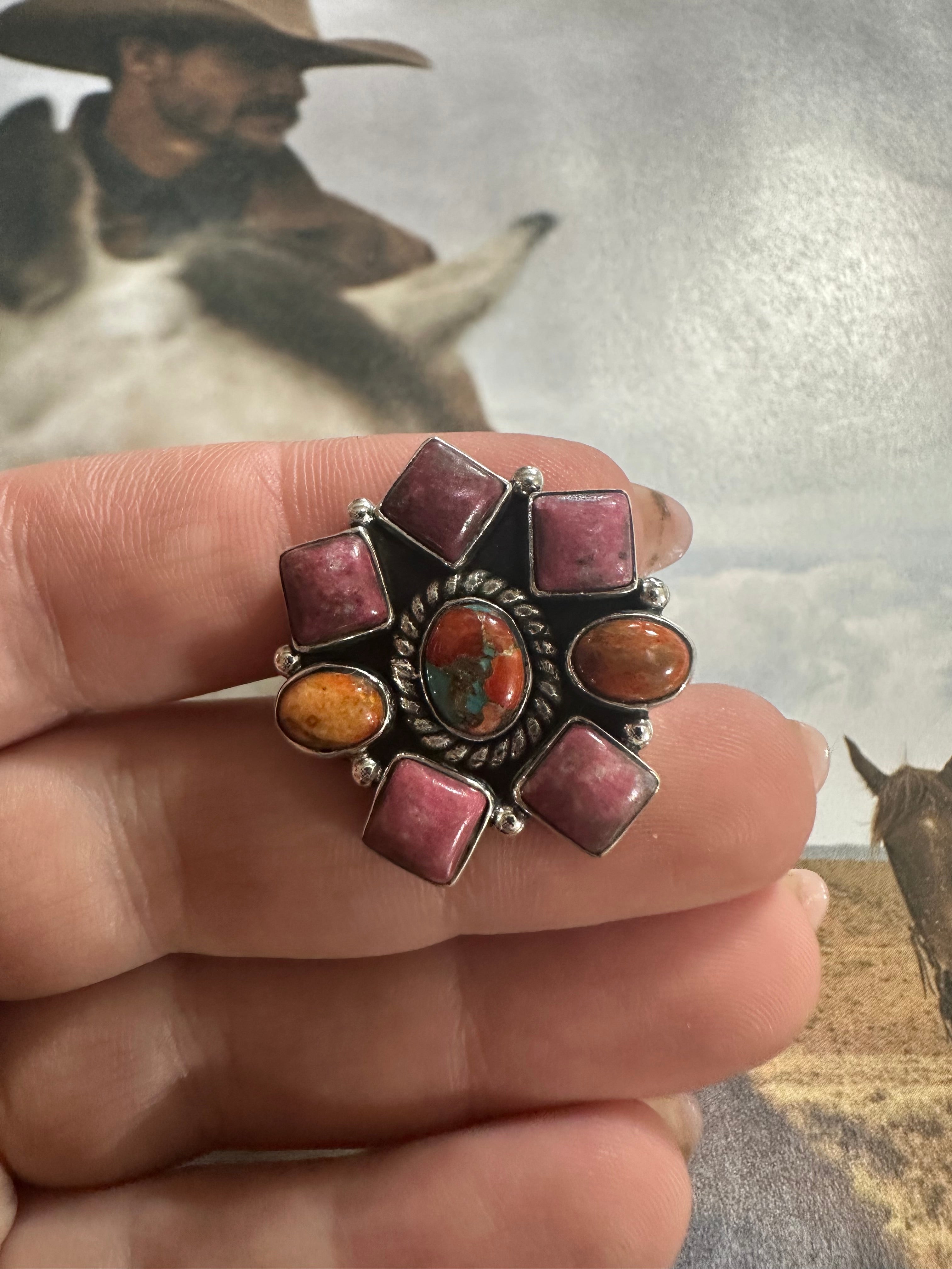 Handmade Coral Mojave, Rhodonite, Orange Mojave And Sterling Silver Adjustable Ring