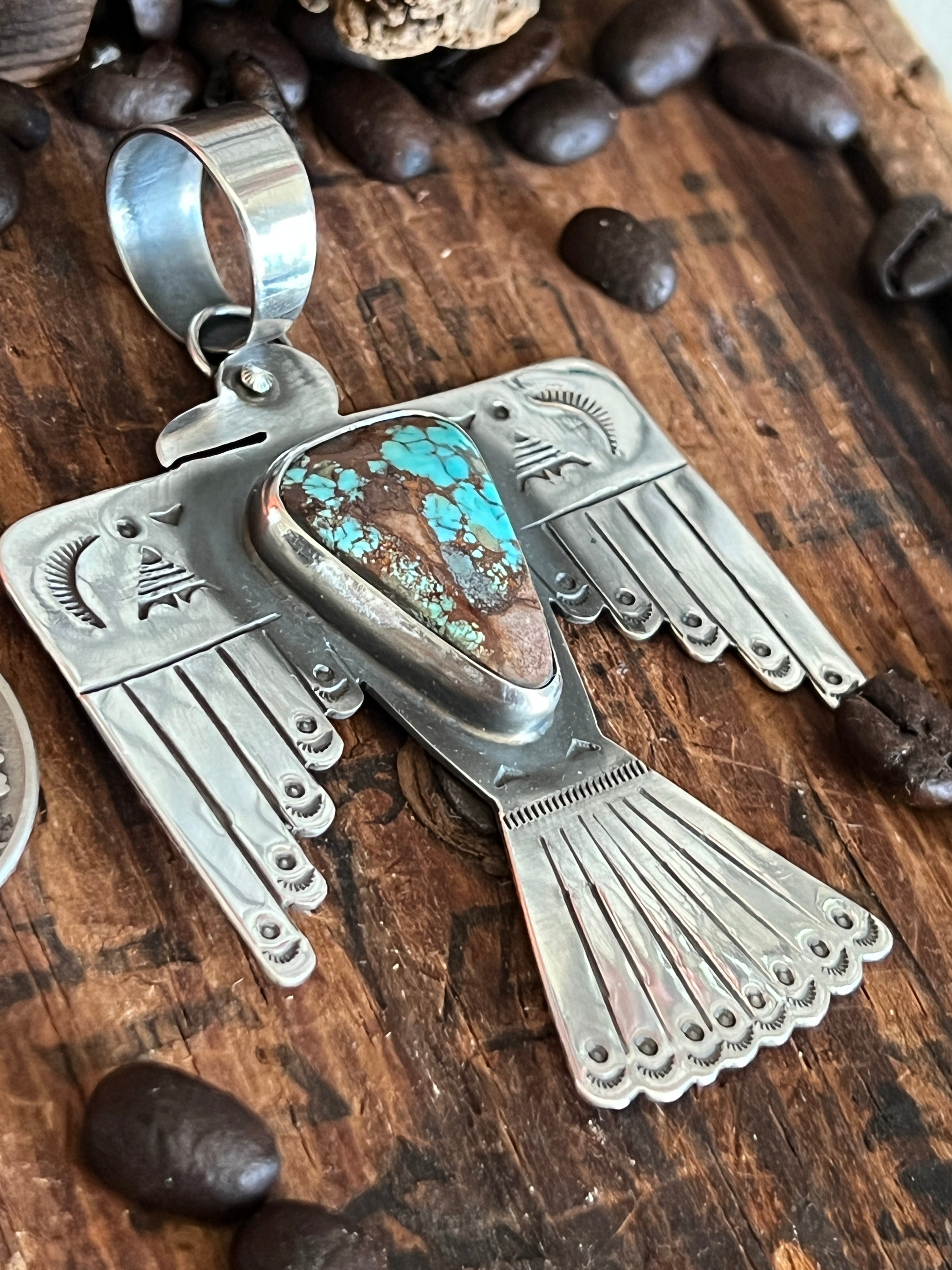 Hand Stamped Sterling Silver & Pilot Mountain Turquoise Thunderbird Pendant by Kimari Somers