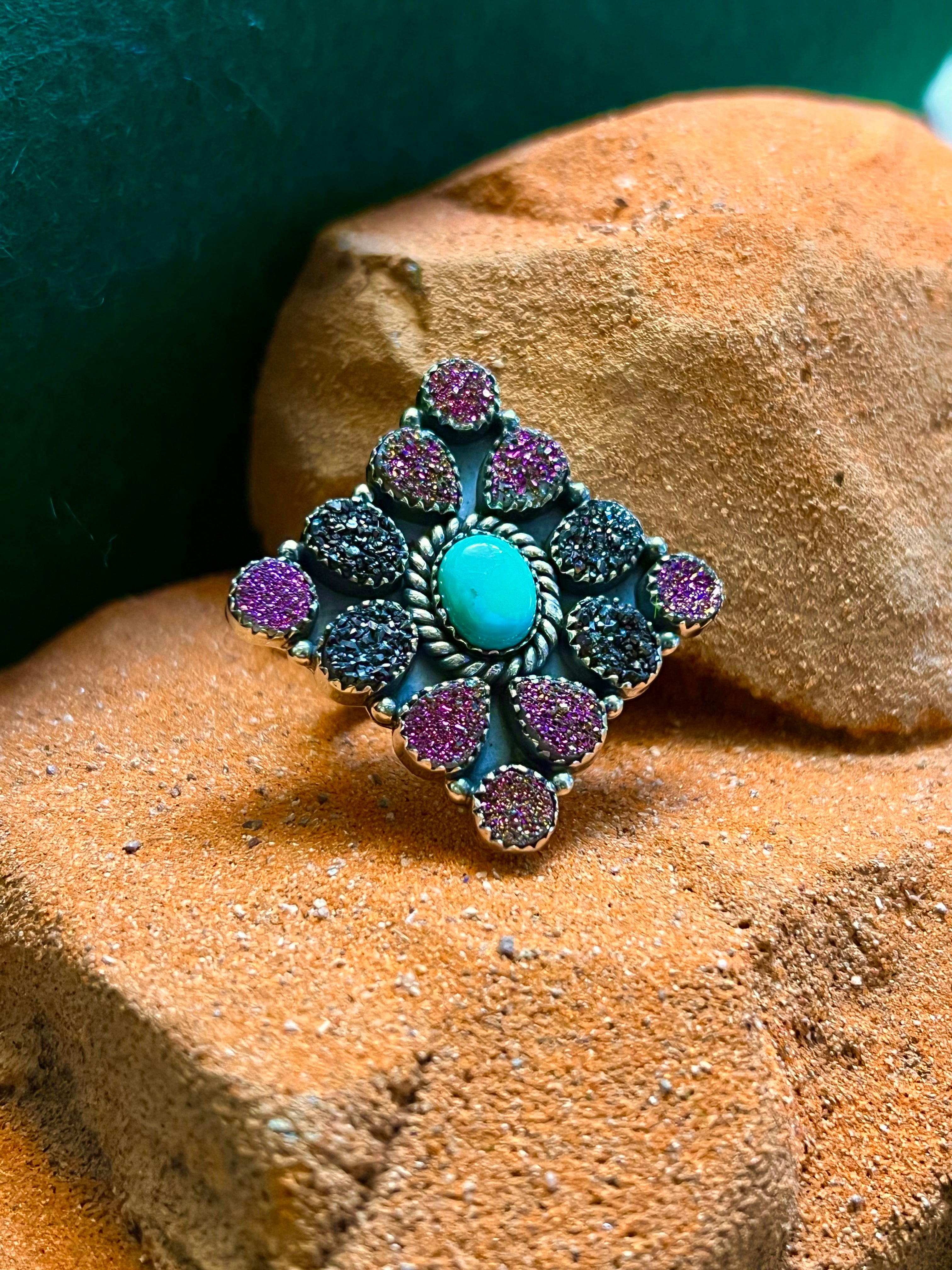 Handmade Turquoise With Purple & Black Druzy Cluster Sterling Silver Adjustable Ring