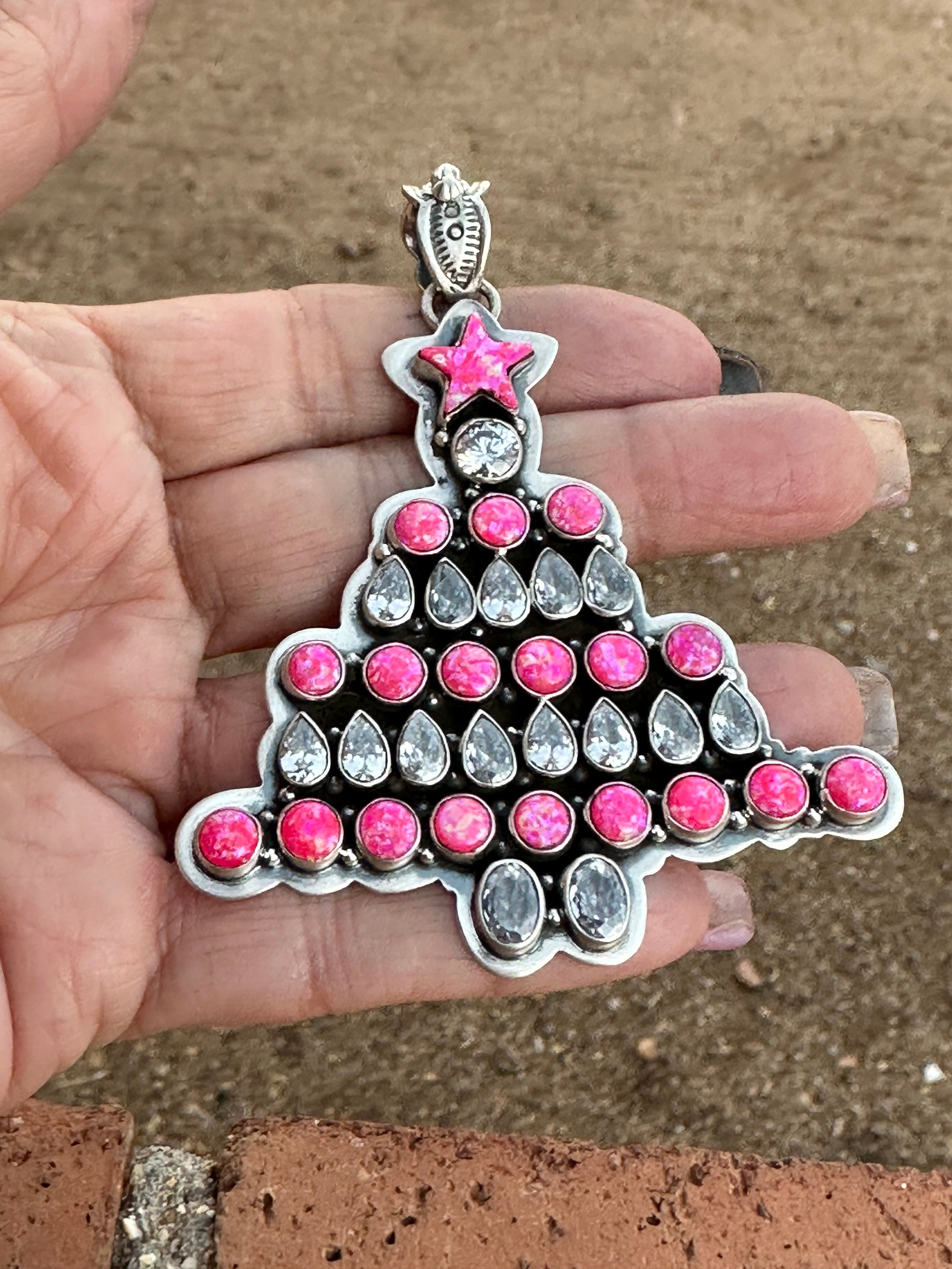 Handmade Sterling Silver & Hot Pink Opal Christmas Tree Pendant