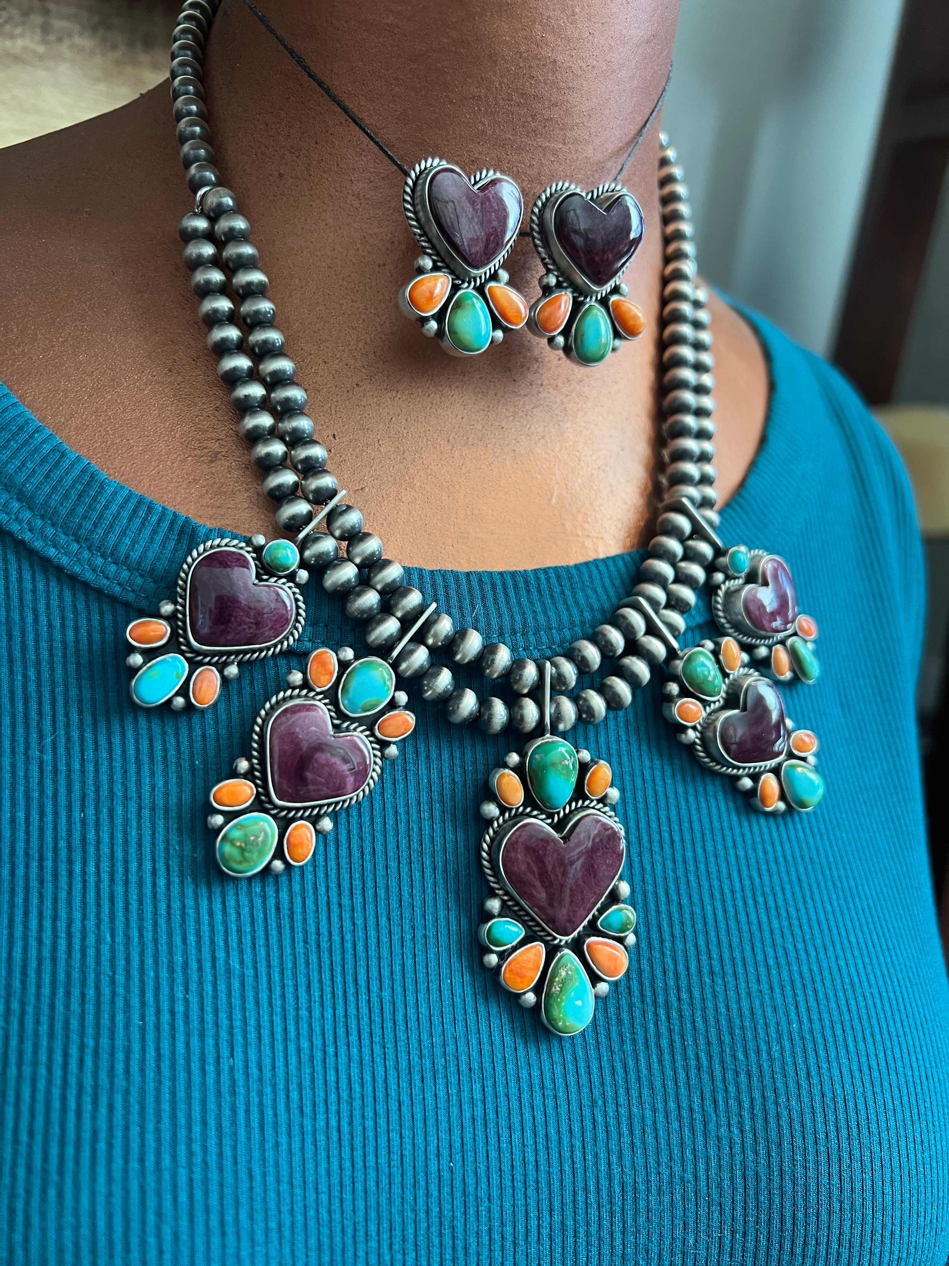 Handcrafted Sterling Silver Electric Rainbow Beaded Heart Cluster Necklace & Earrings Set by Angela Martin