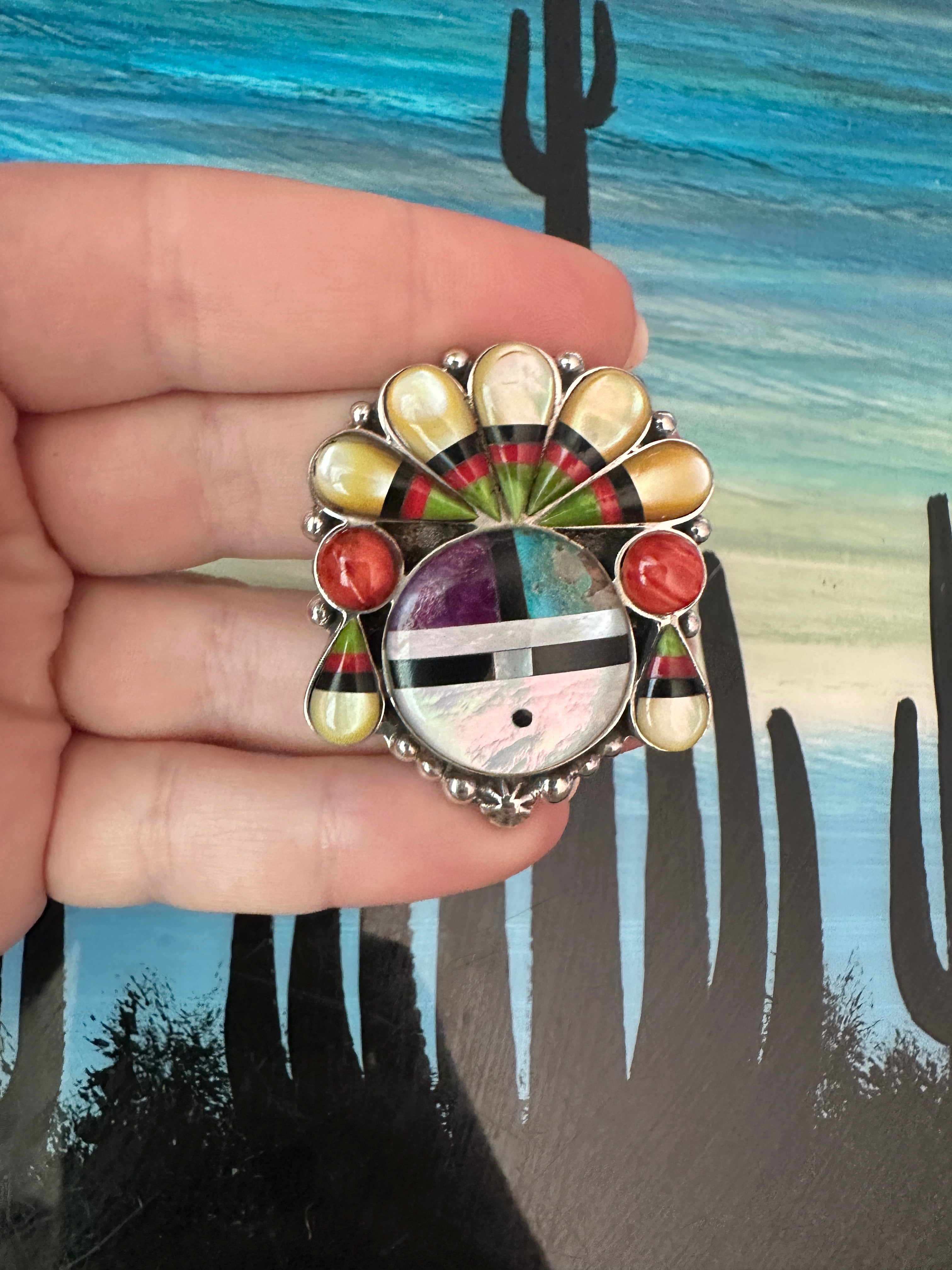 Handmade Multi Stone Southwestern Sunface And Sterling Silver Adjustable Ring