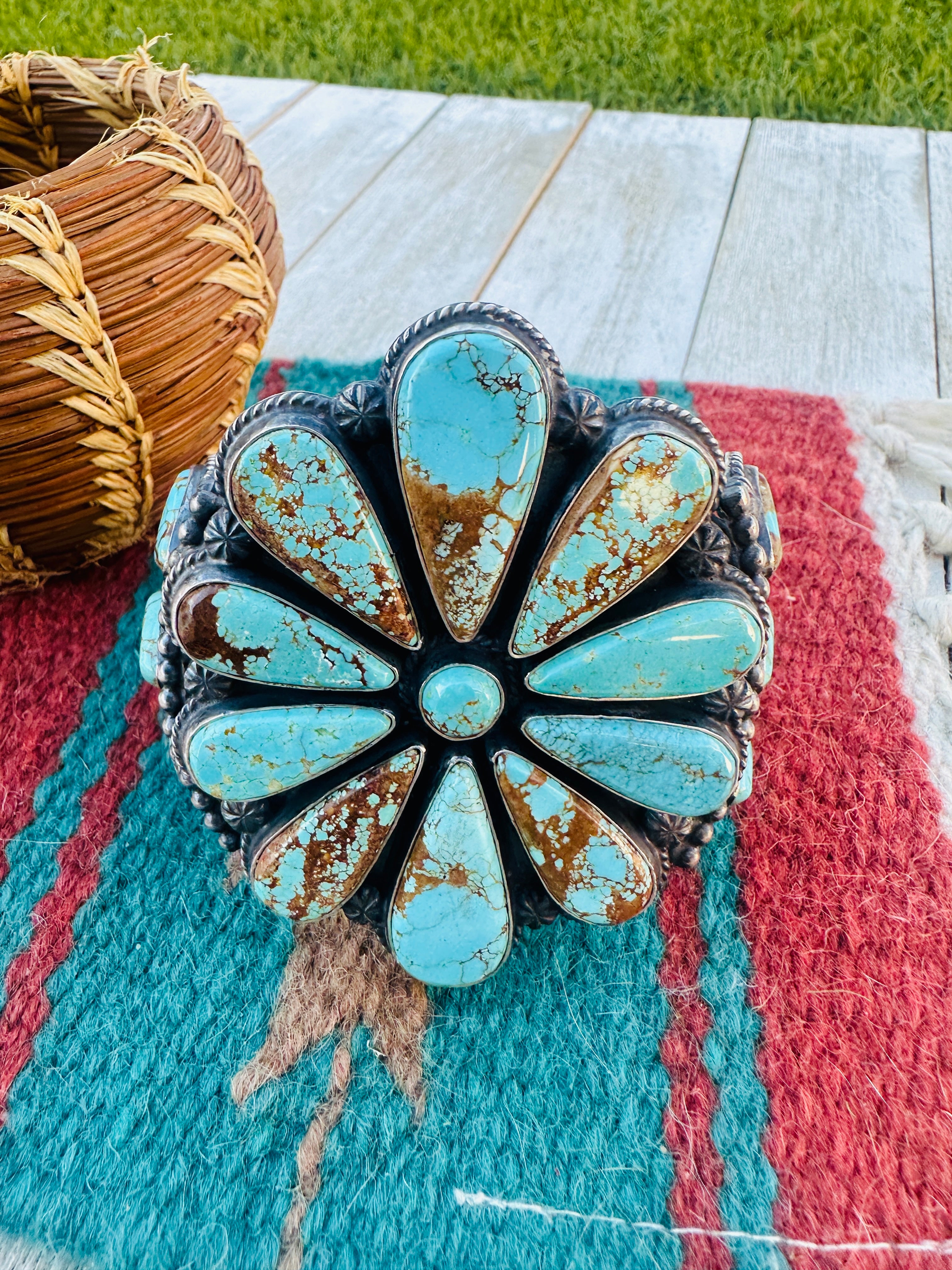Handcrafted Old Pawn Sterling Silver & Turquoise Cluster Cuff Bracelet by Anthony Skeets