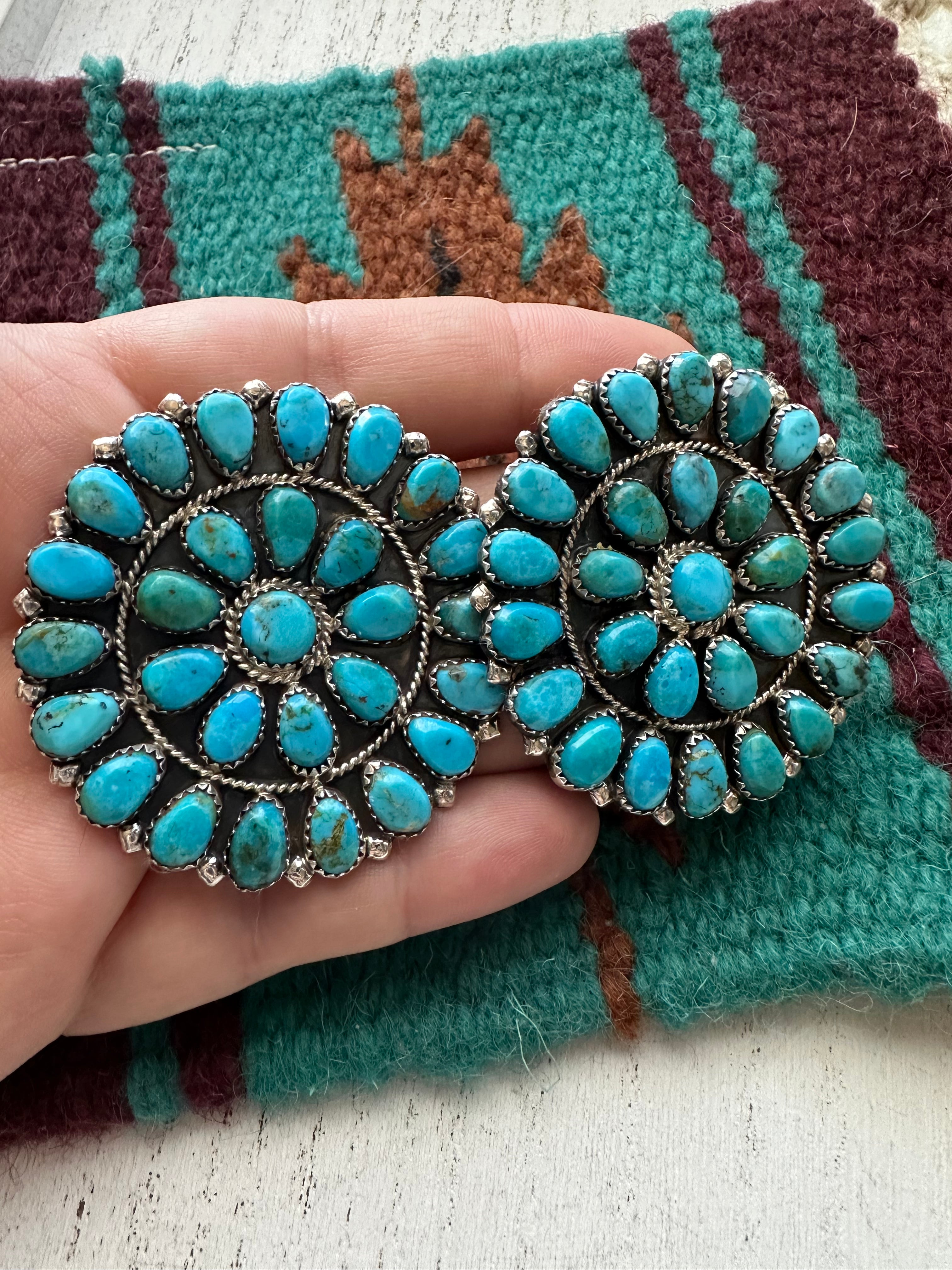 Navajo Sterling Silver & Kingman Turquoise Cluster Earrings Signed