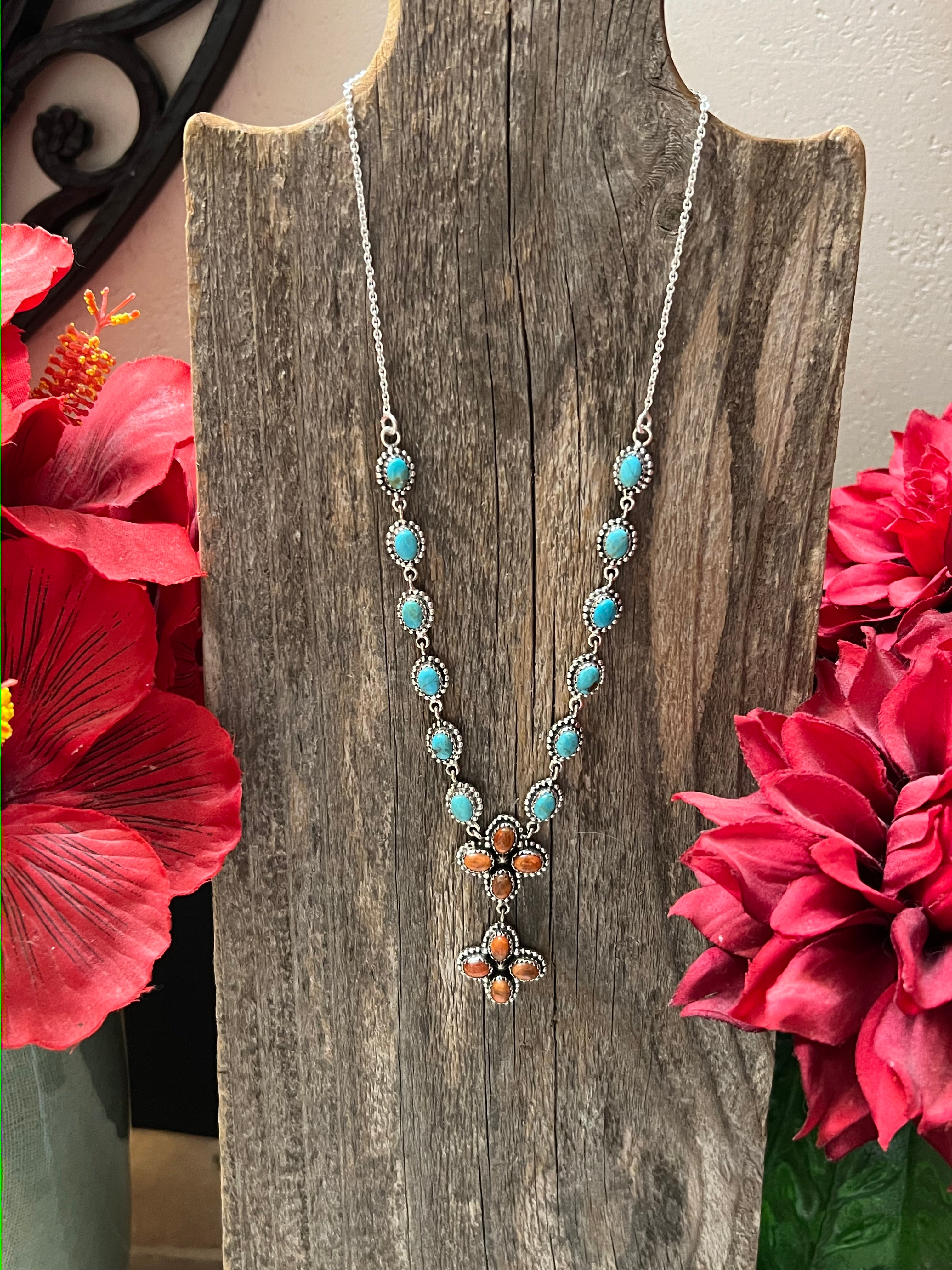 Handmade Sterling Silver, South Hill Turquoise & Spiny Orange Lariat Necklace