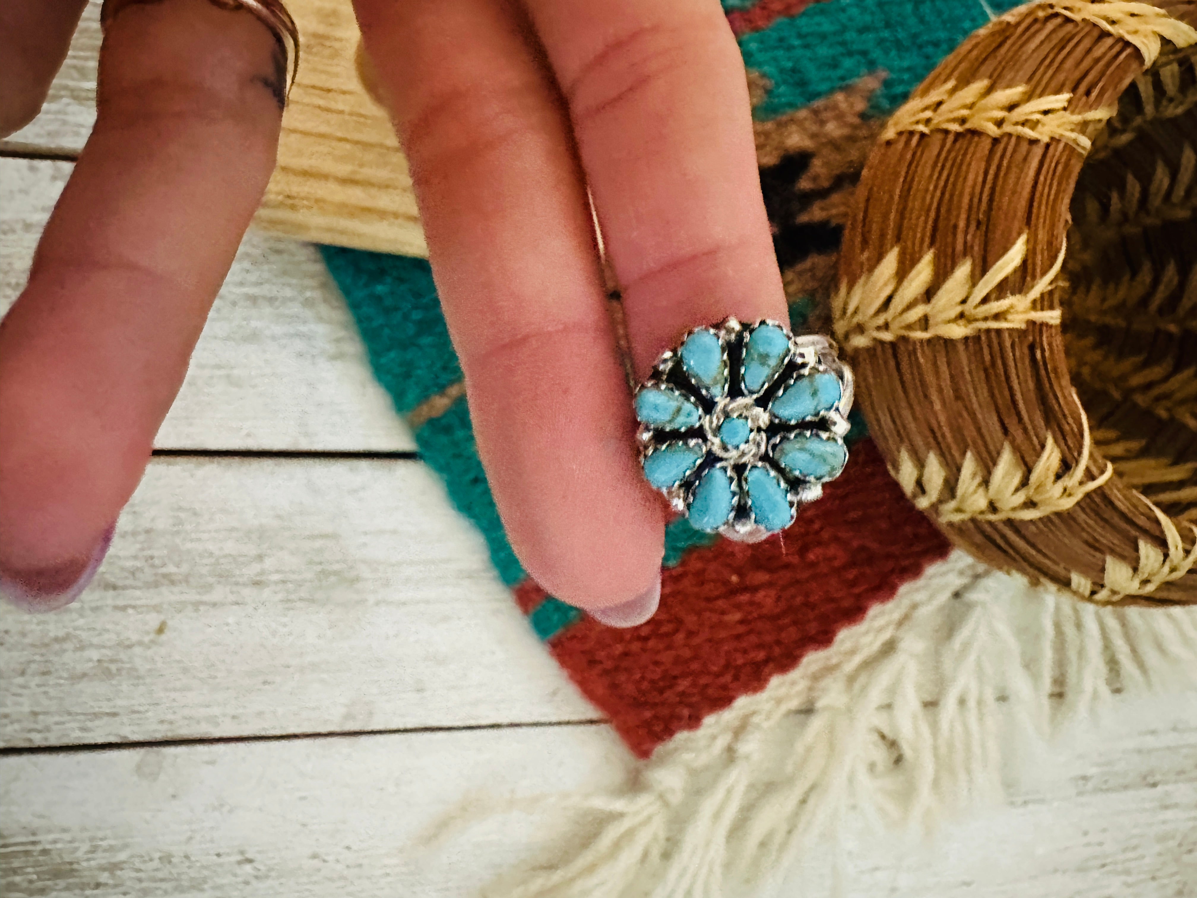 Navajo Turquoise & Sterling Silver Cluster Ring SMALL