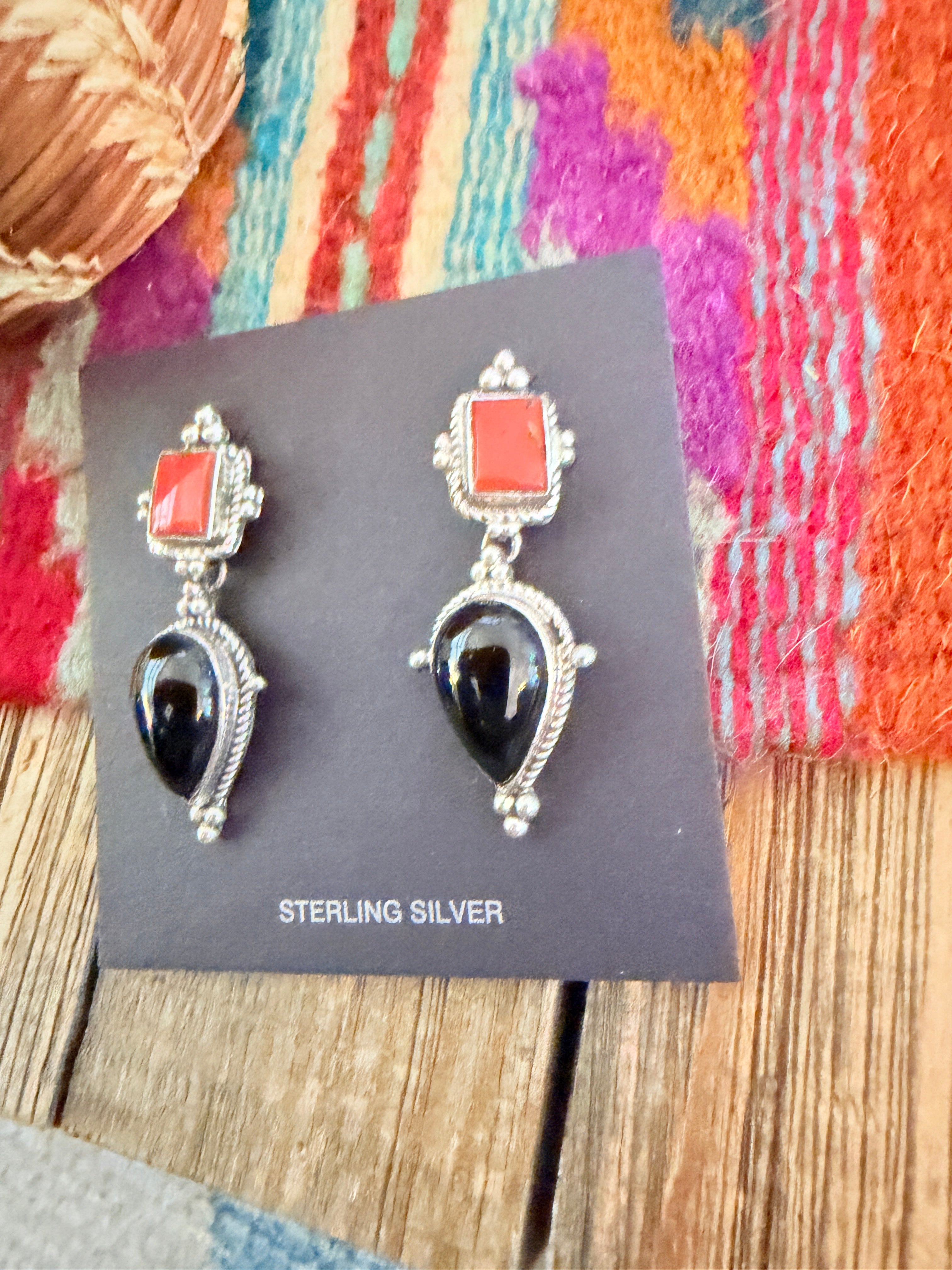 Handcrafted Onyx, Coral & Sterling Silver Dangle Earrings