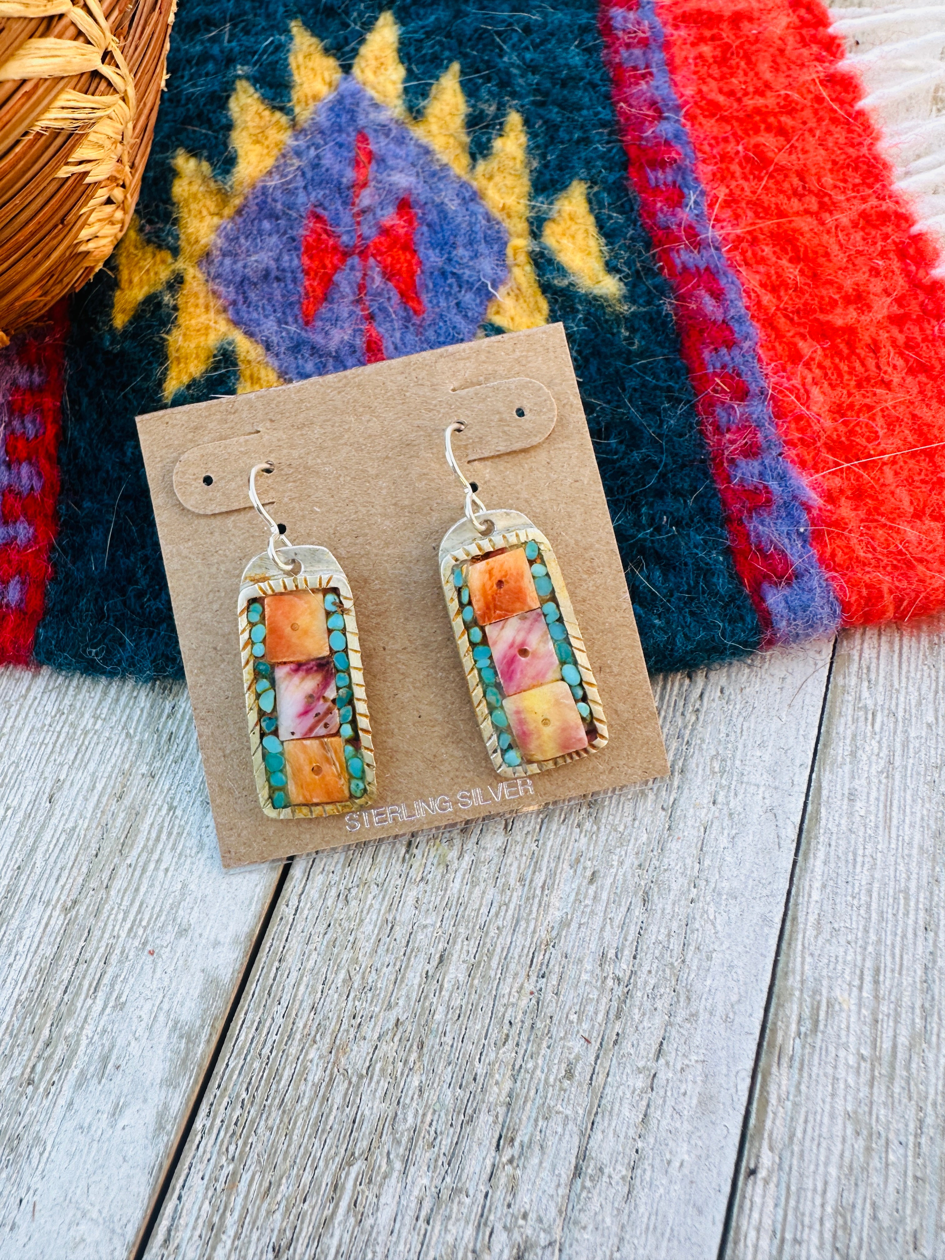 Handcrafted Spiny, Turquoise & Sterling Silver Inlay Dangle Earrings