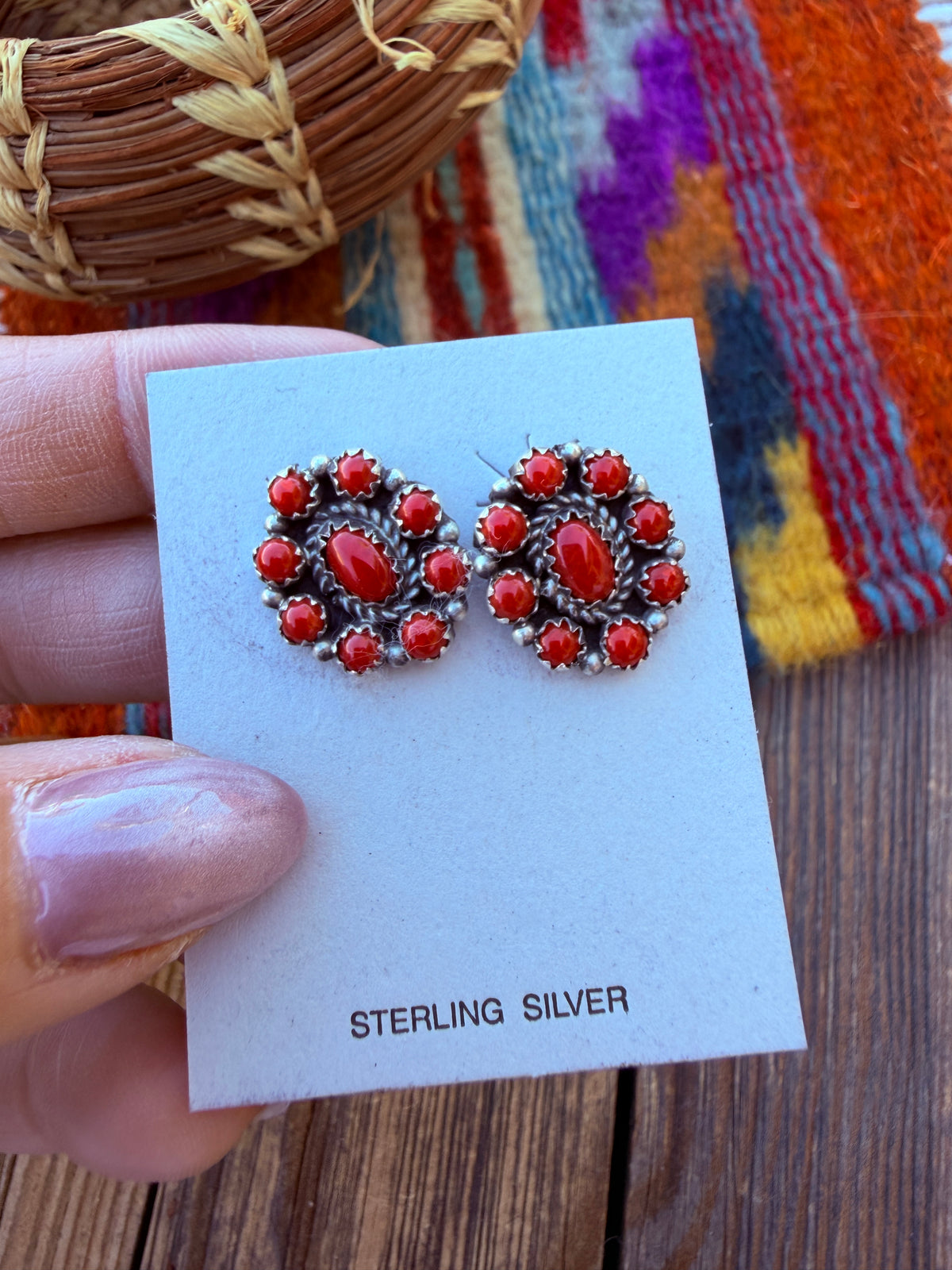 Handcrafted Sterling Silver & Coral Cluster Stud Earrings
