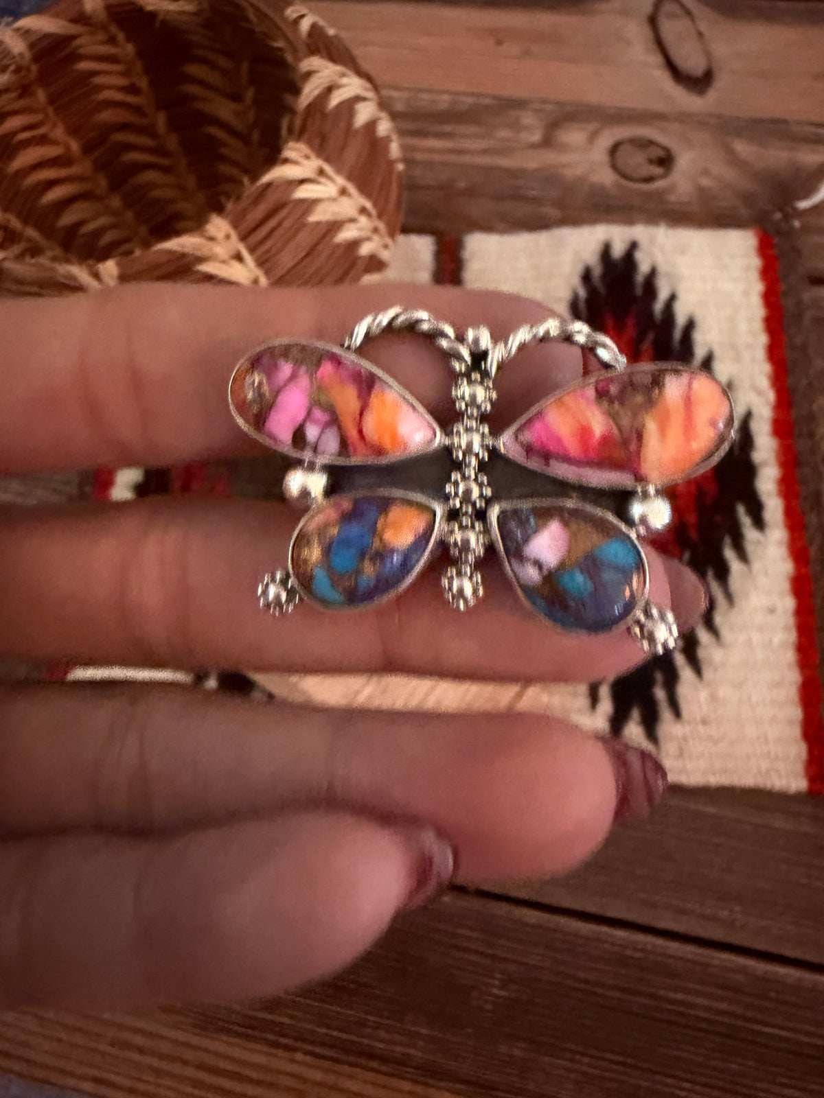 Handcrafted Pink Dream Mojave & Sterling Silver Adjustable Butterfly Ring