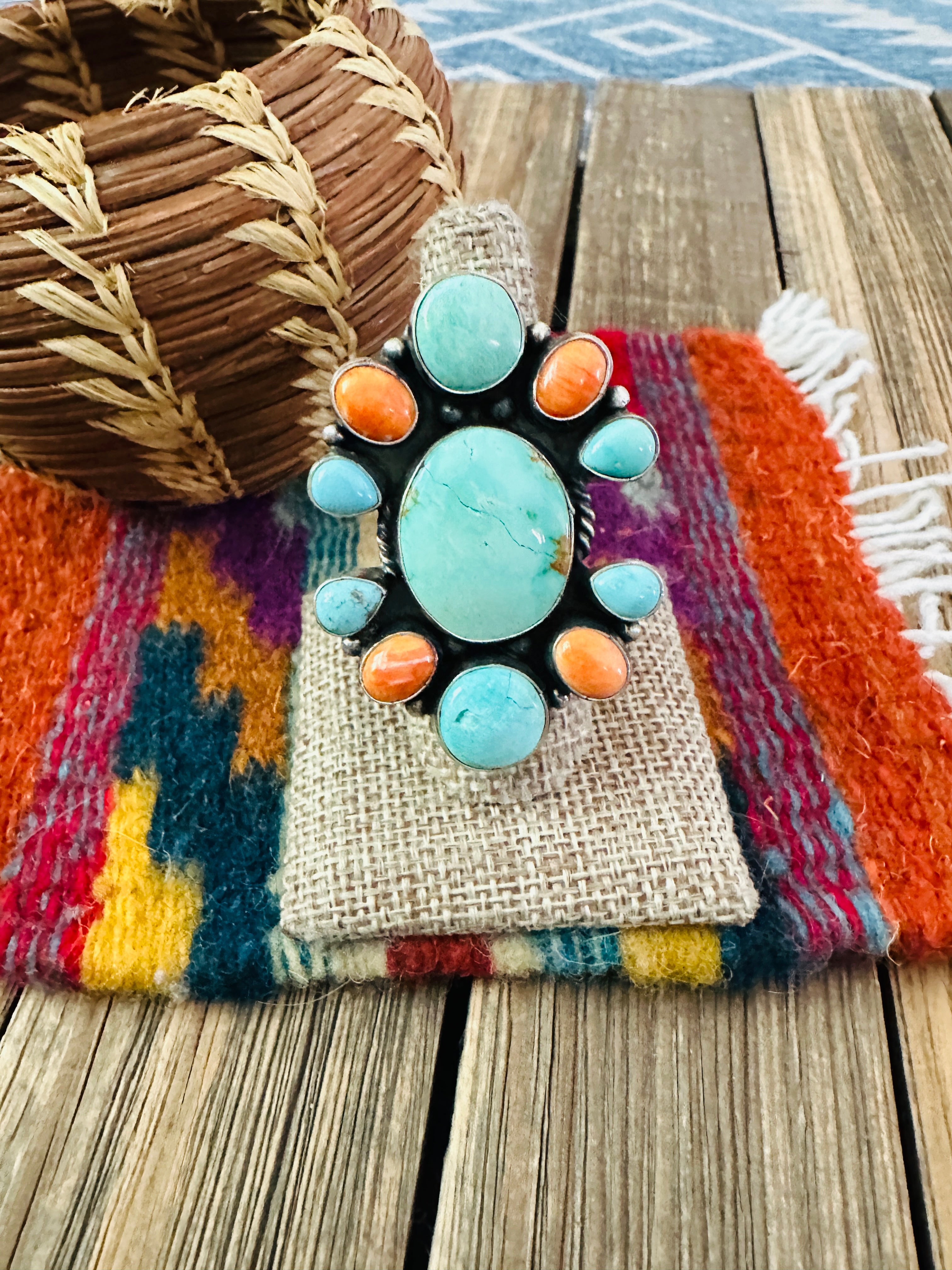 Handcrafted Spiny, Turquoise & Sterling Silver Cluster Ring Size 8.5 by Sheila Becenti