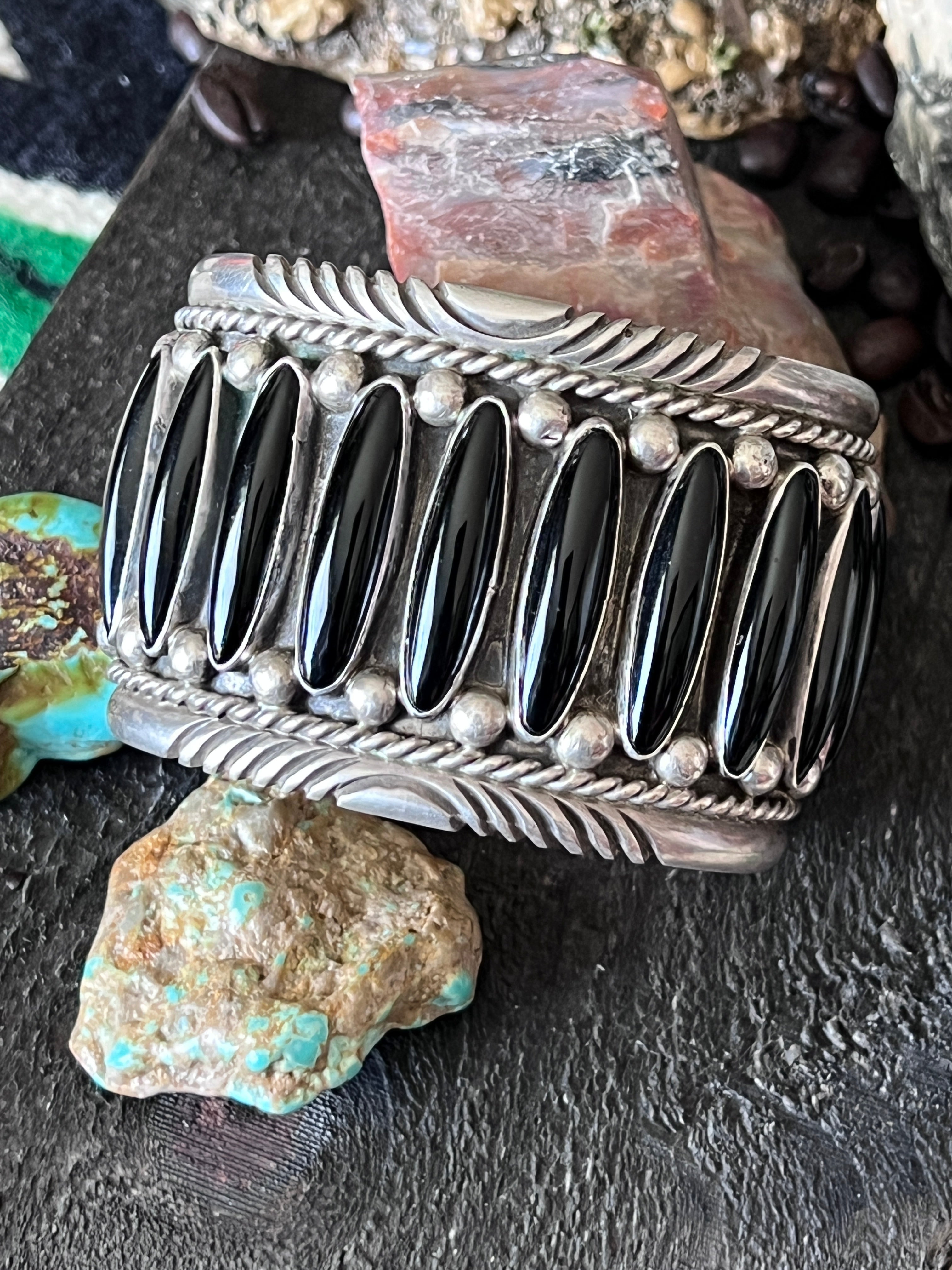 Old Pawn Sterling Silver and Black Onyx Cuff Bracelet by Tommy Moore