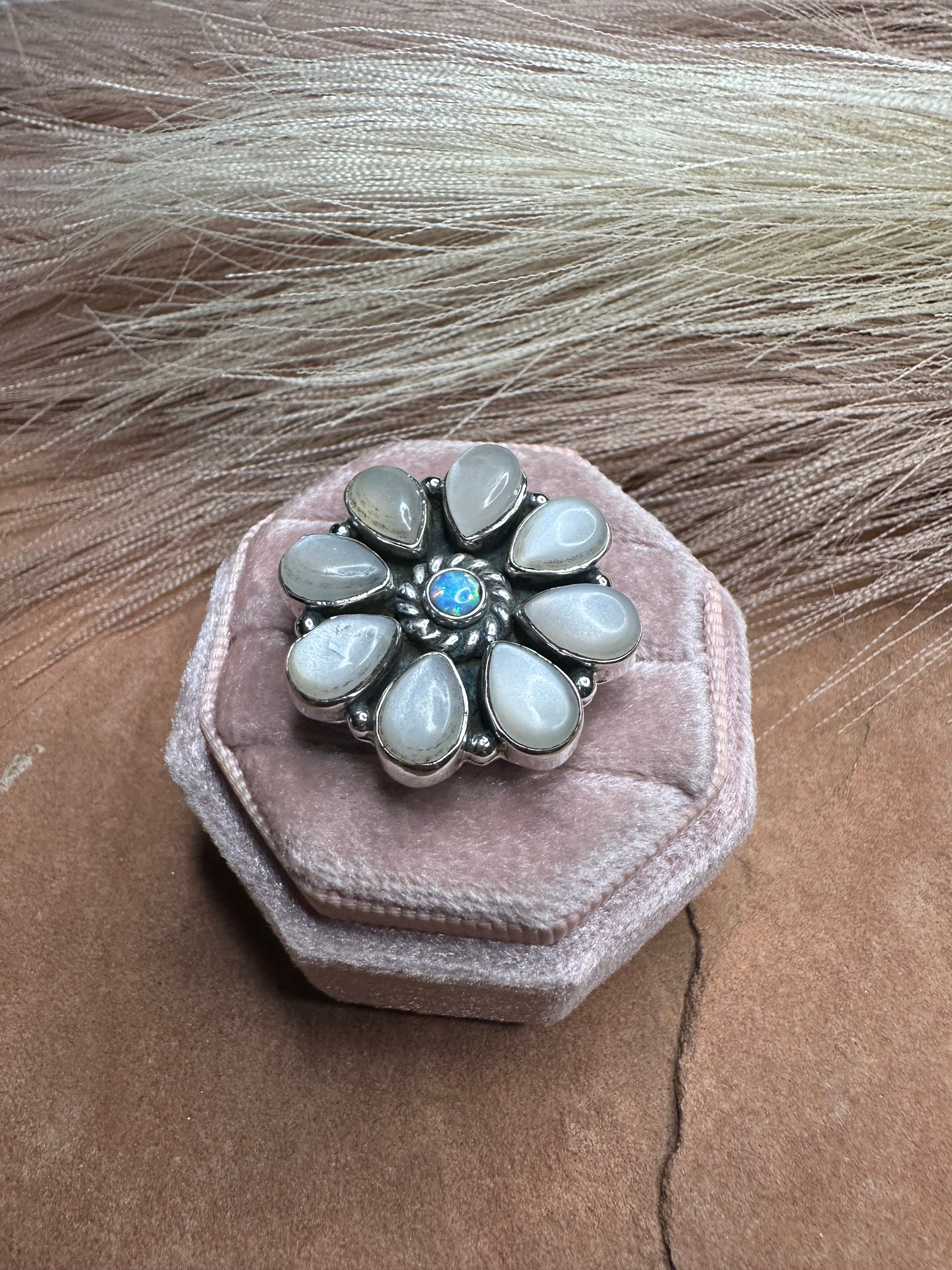 Beautiful Handmade Mother of Pearl, Fire Opal And Sterling Silver Adjustable Flower Ring