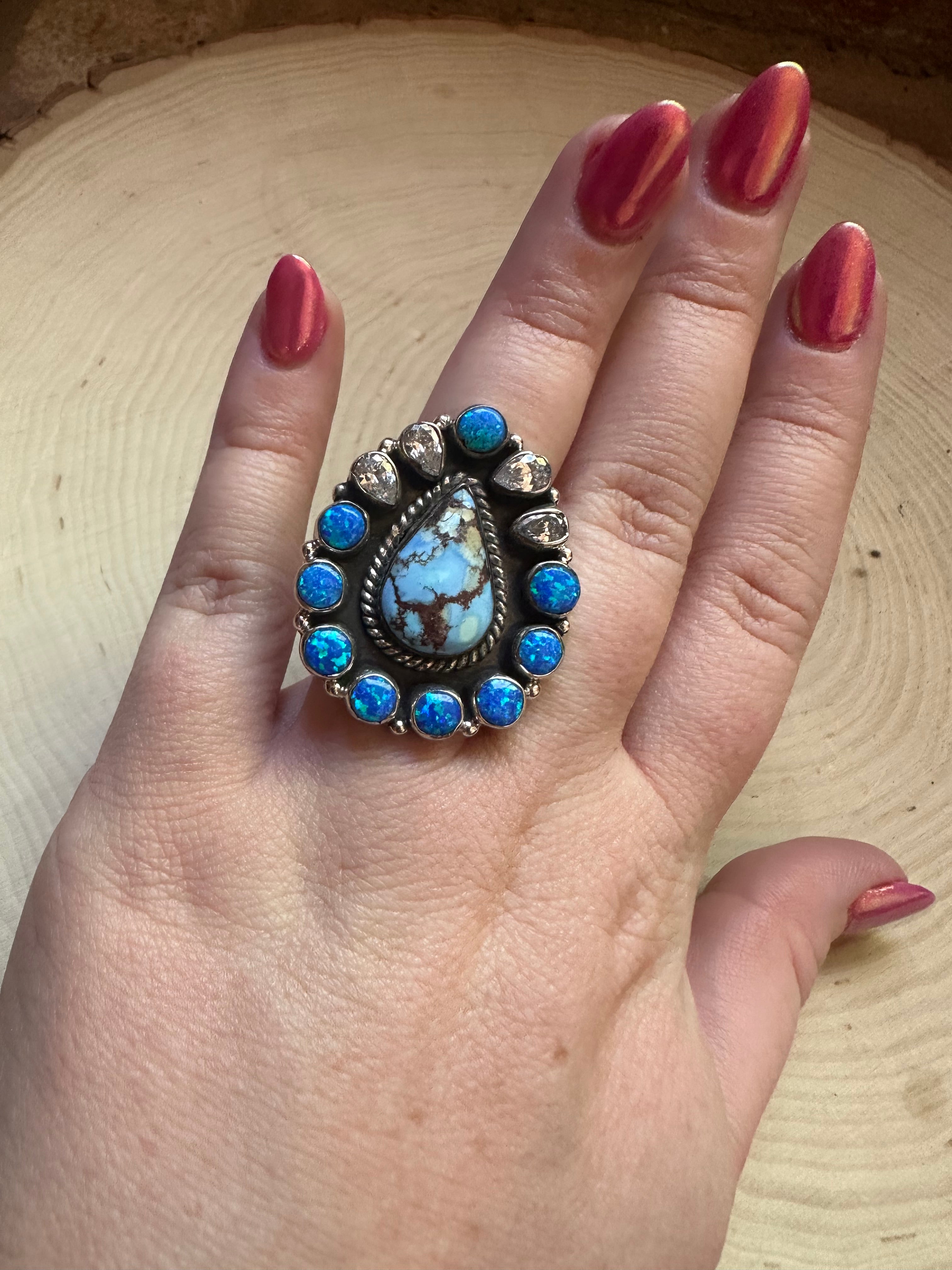 Handmade Golden Hills Turquoise, Cz, Fire Opal & Sterling Silver Adjustable Ring Signed Nizhoni