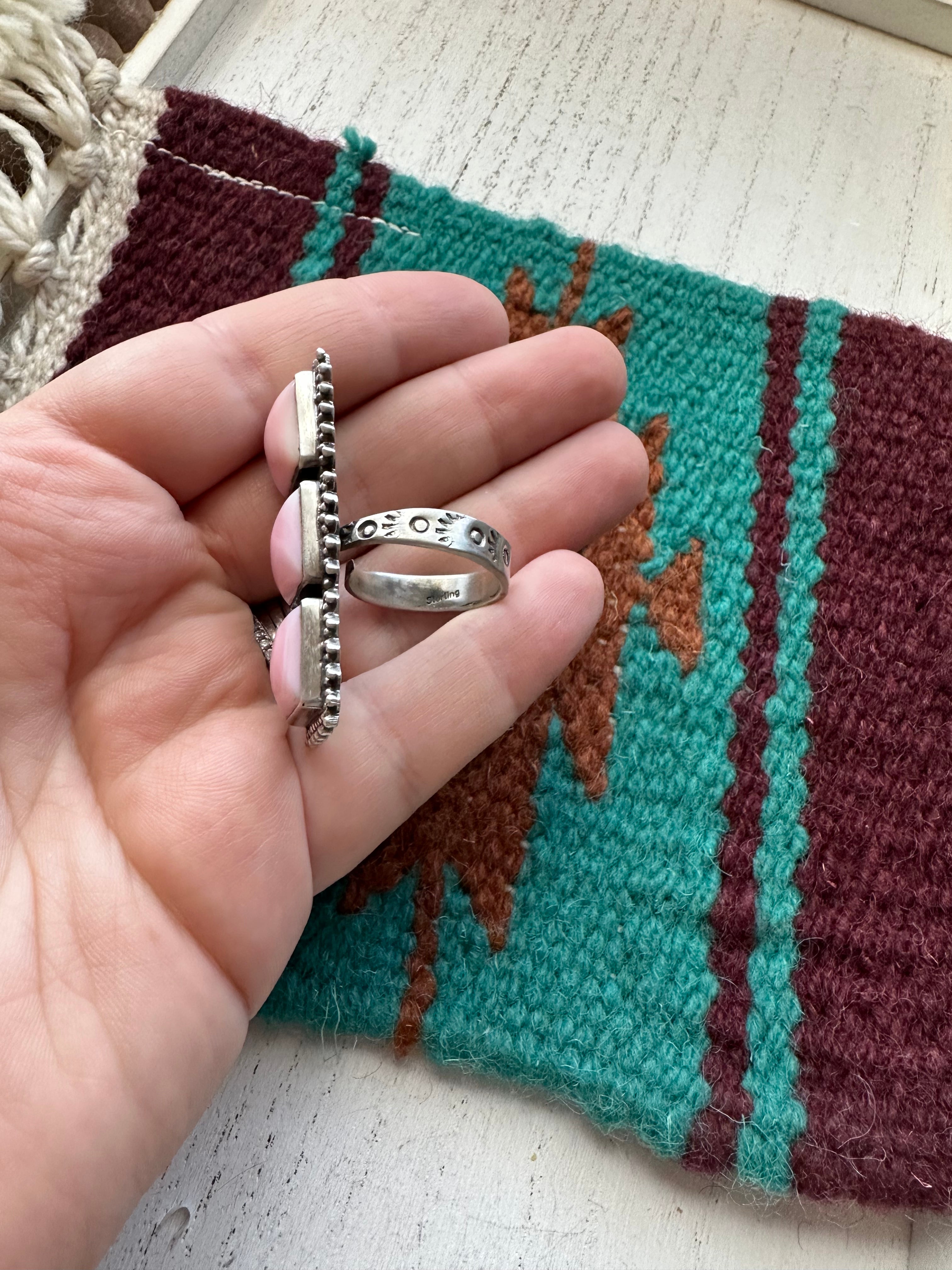 Navajo Sterling Silver & Queen Pink Conch Adjustable 3 Stone Ring