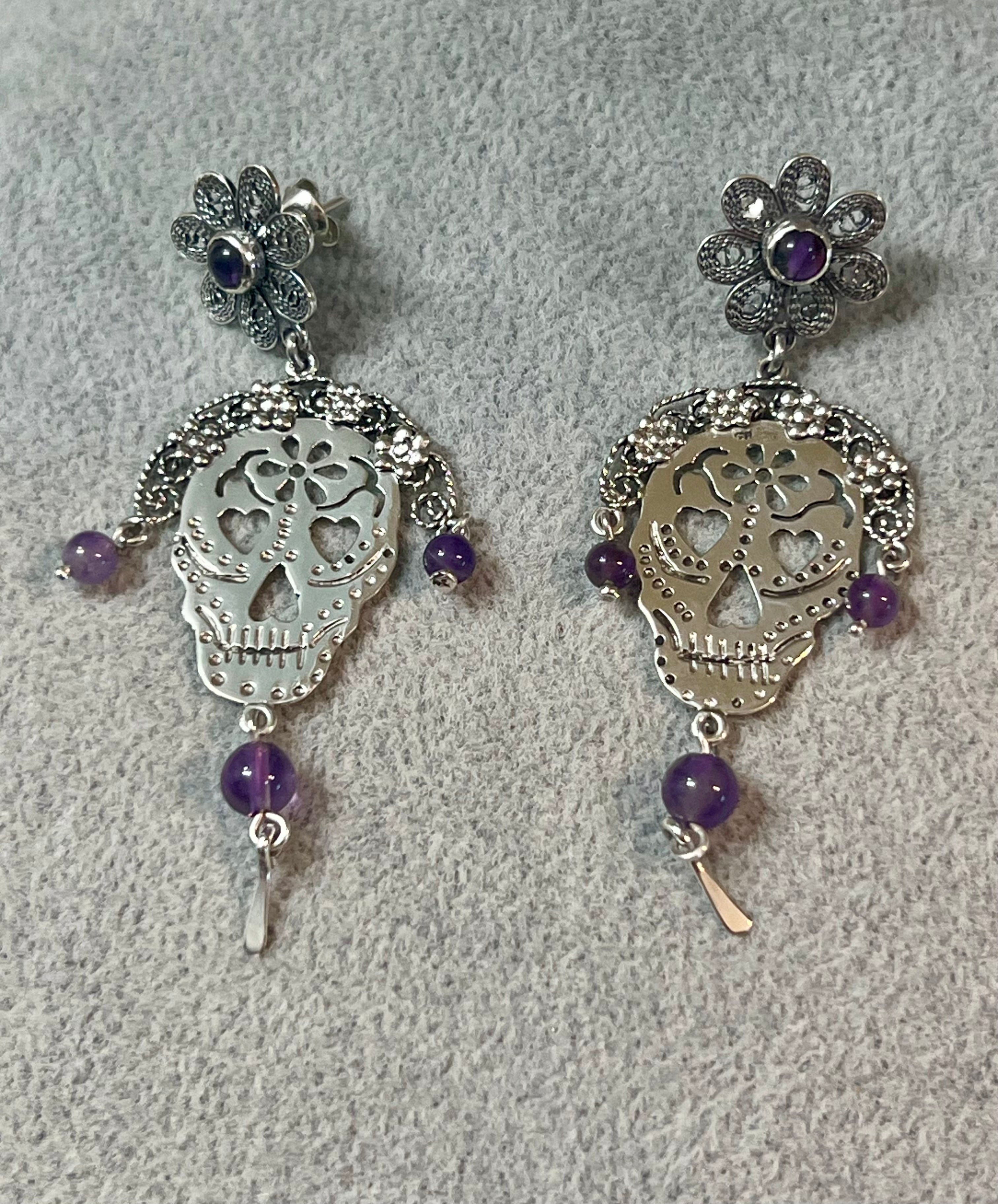 Sugar Skull with Purple Amethyst Sterling Silver Earrings
