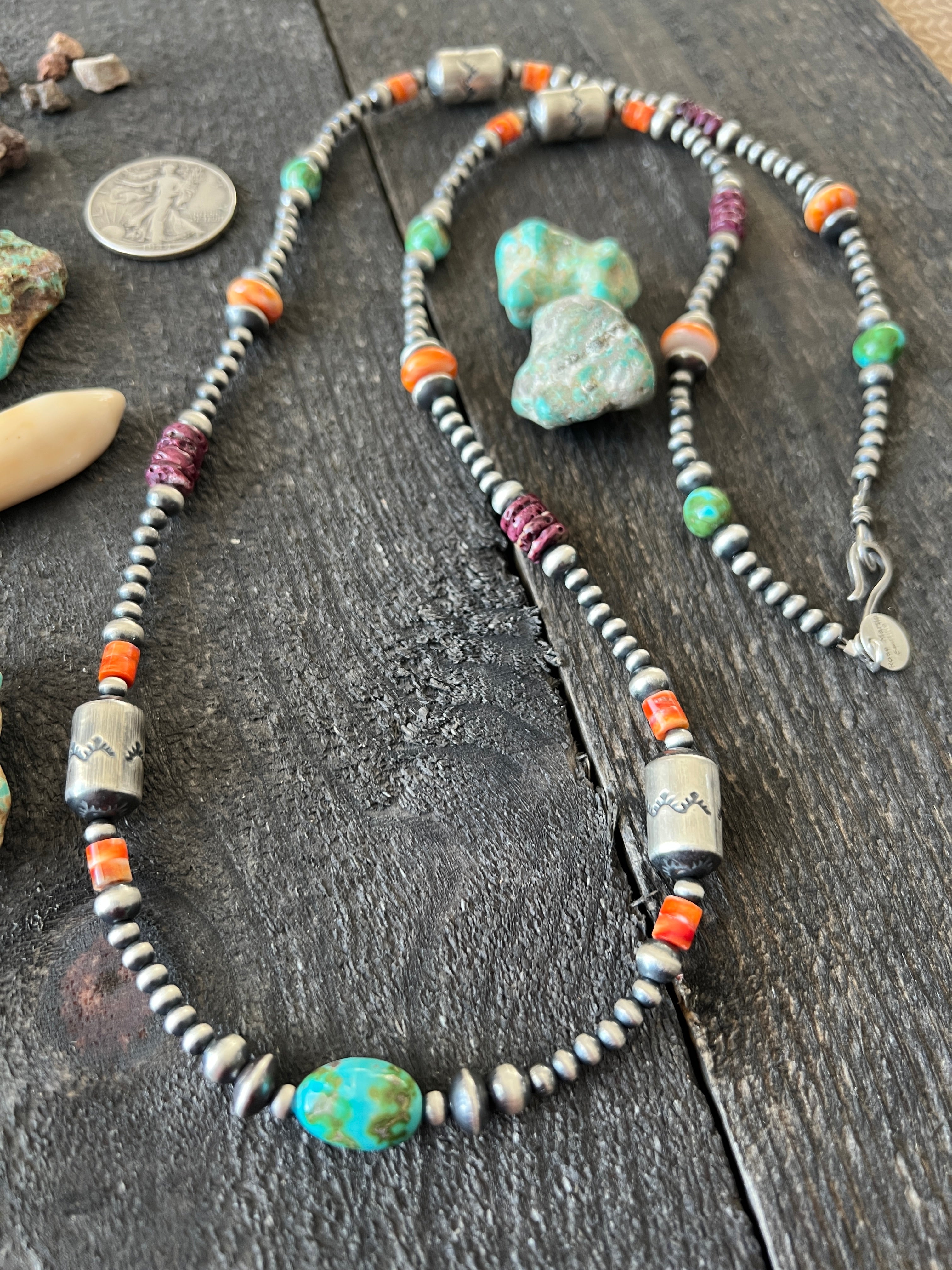Handcrafted Electric Rainbow Sterling Silver, Turquoise and Spiny Oyster Single Strand Beaded Necklace by Rose Martin, 34 inches