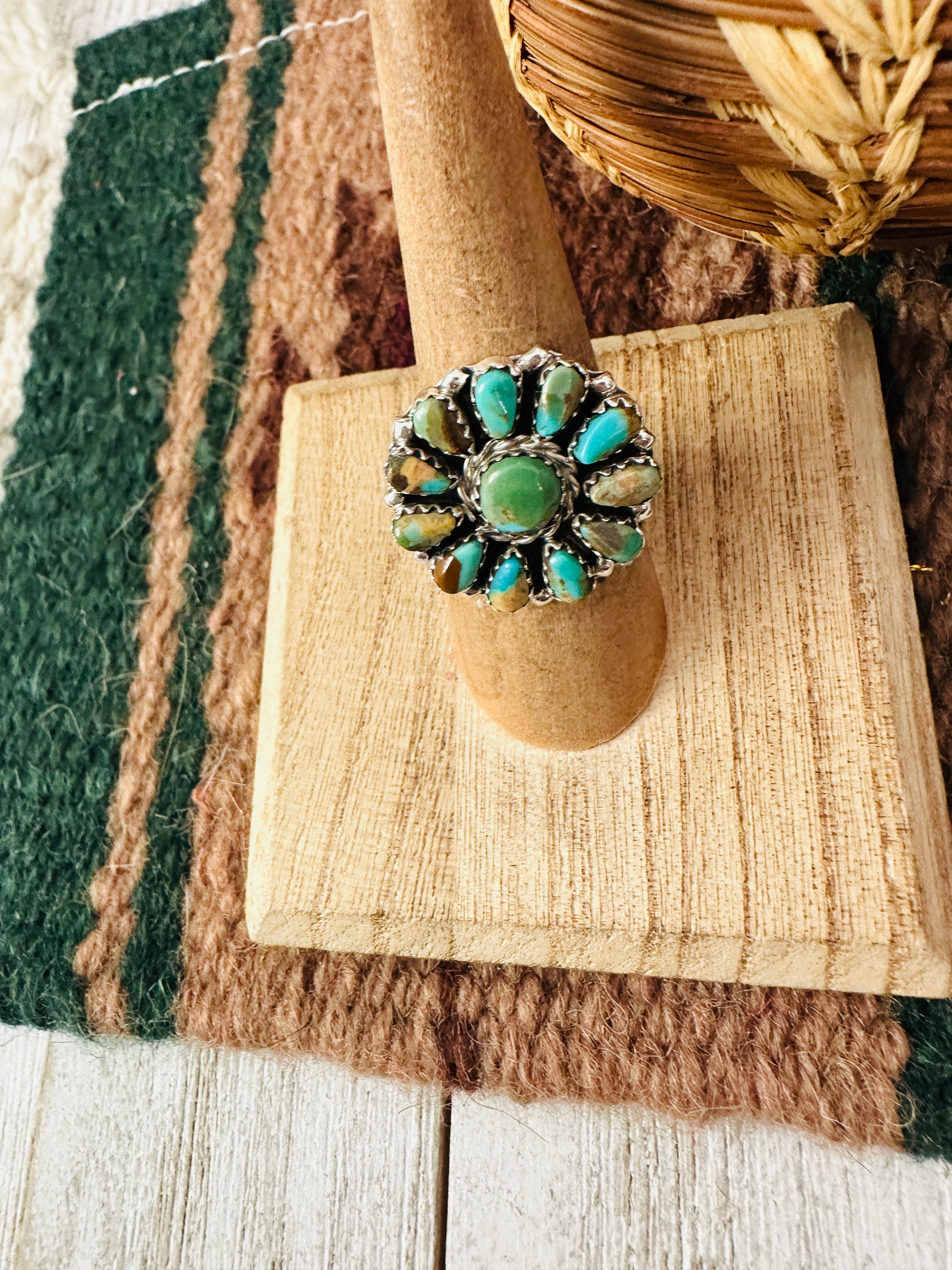 Navajo Royston Turquoise & Sterling Silver Cluster Ring