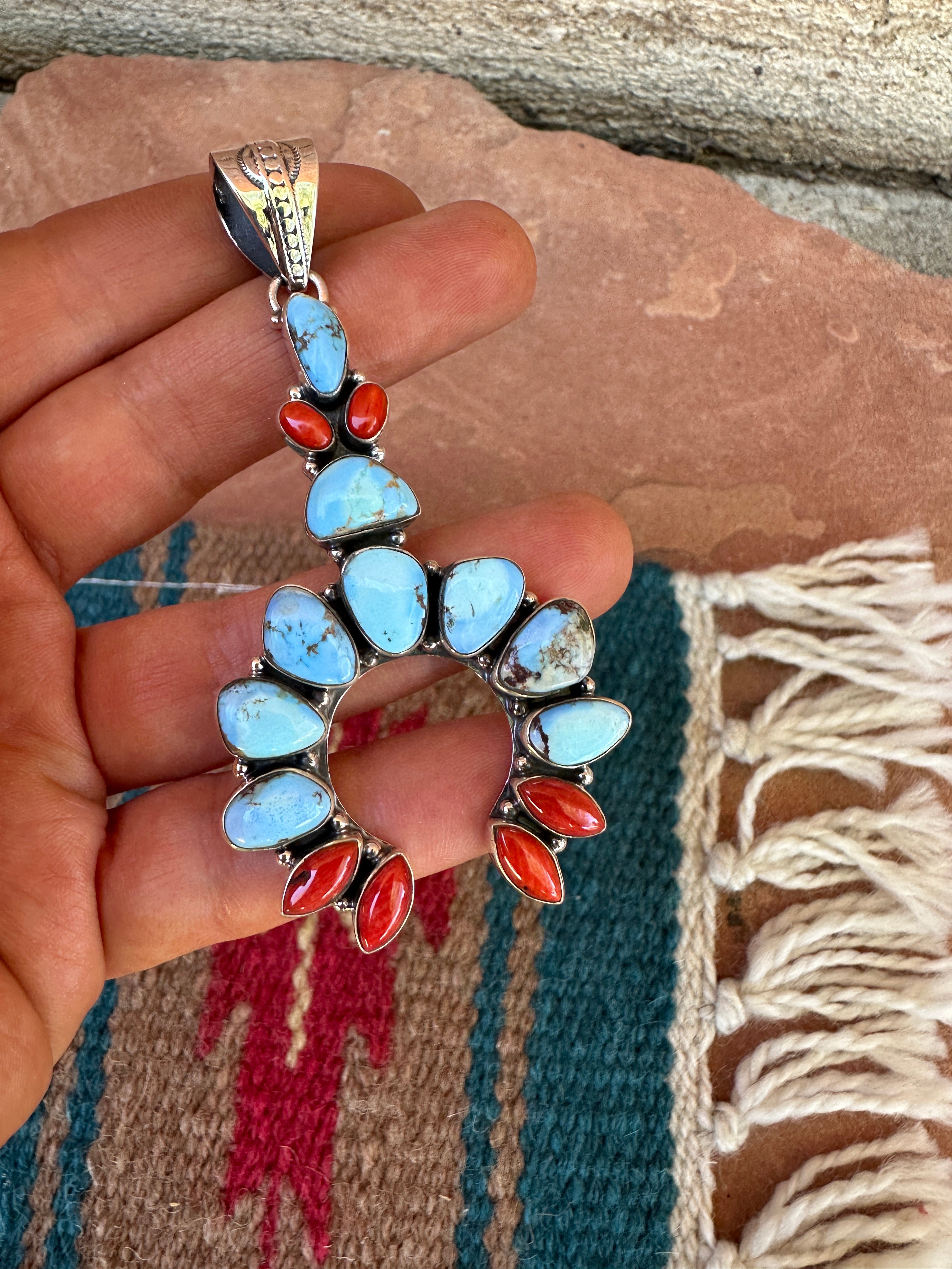 Beautiful Handmade Sterling Silver, Coral & Golden Hills Turquoise Naja Pendant