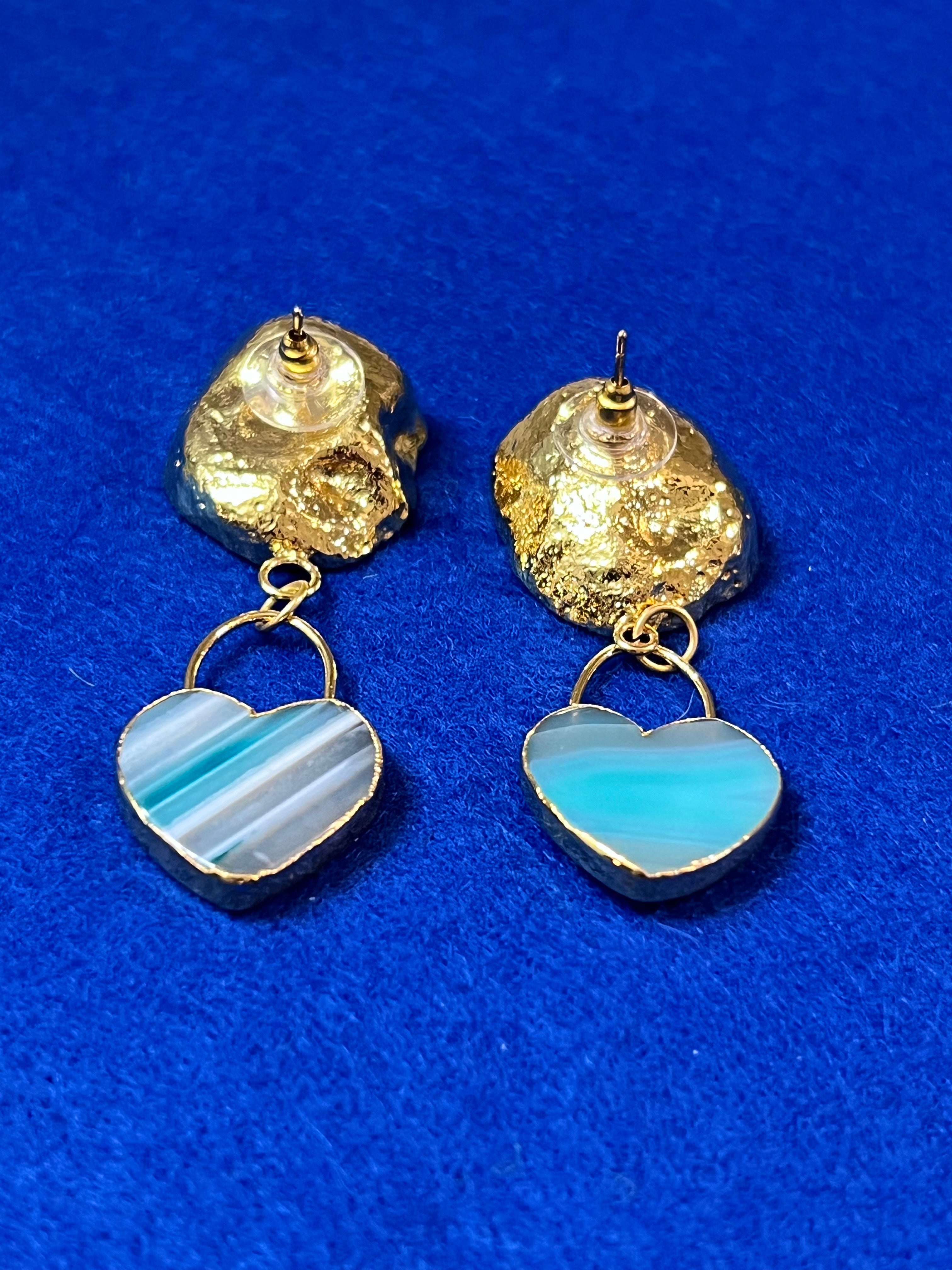 Handmade 14k Gold Druzy Plated Brass White Geode & Blue Heart Dangle Stud Earrings