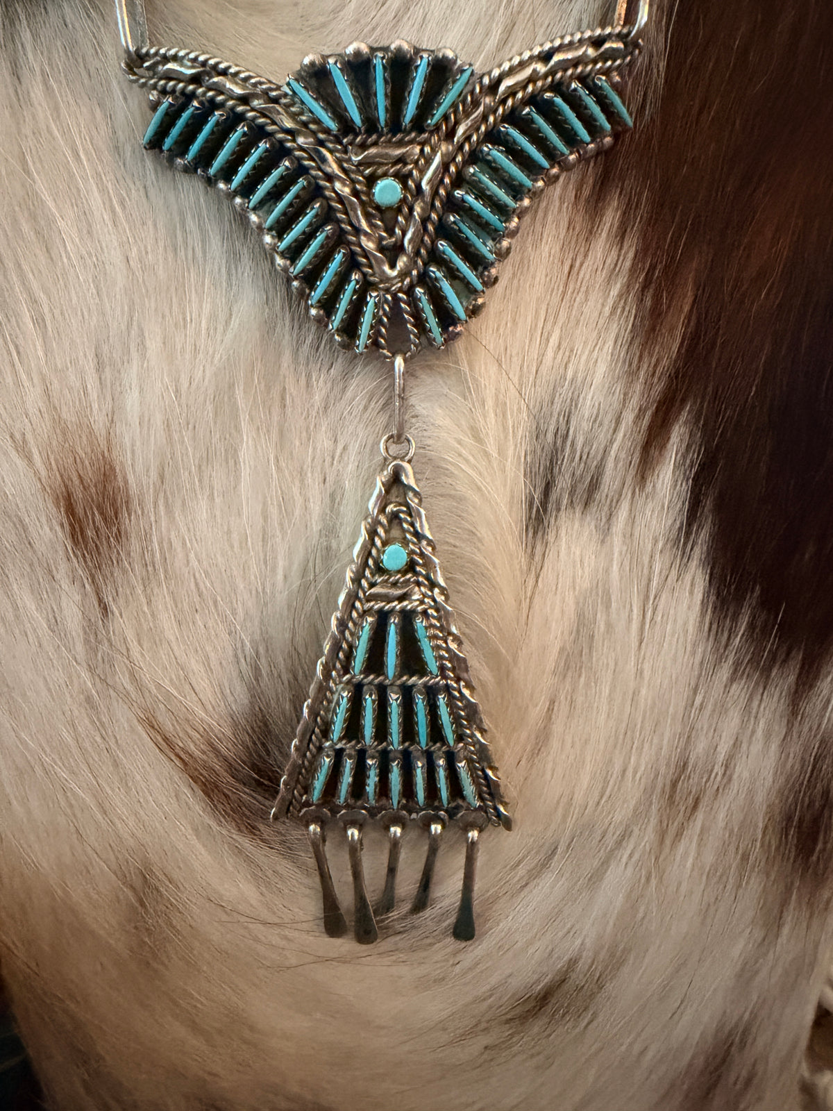 Old Pawn Handcrafted Turquoise & Sterling Silver Needlepoint Necklace