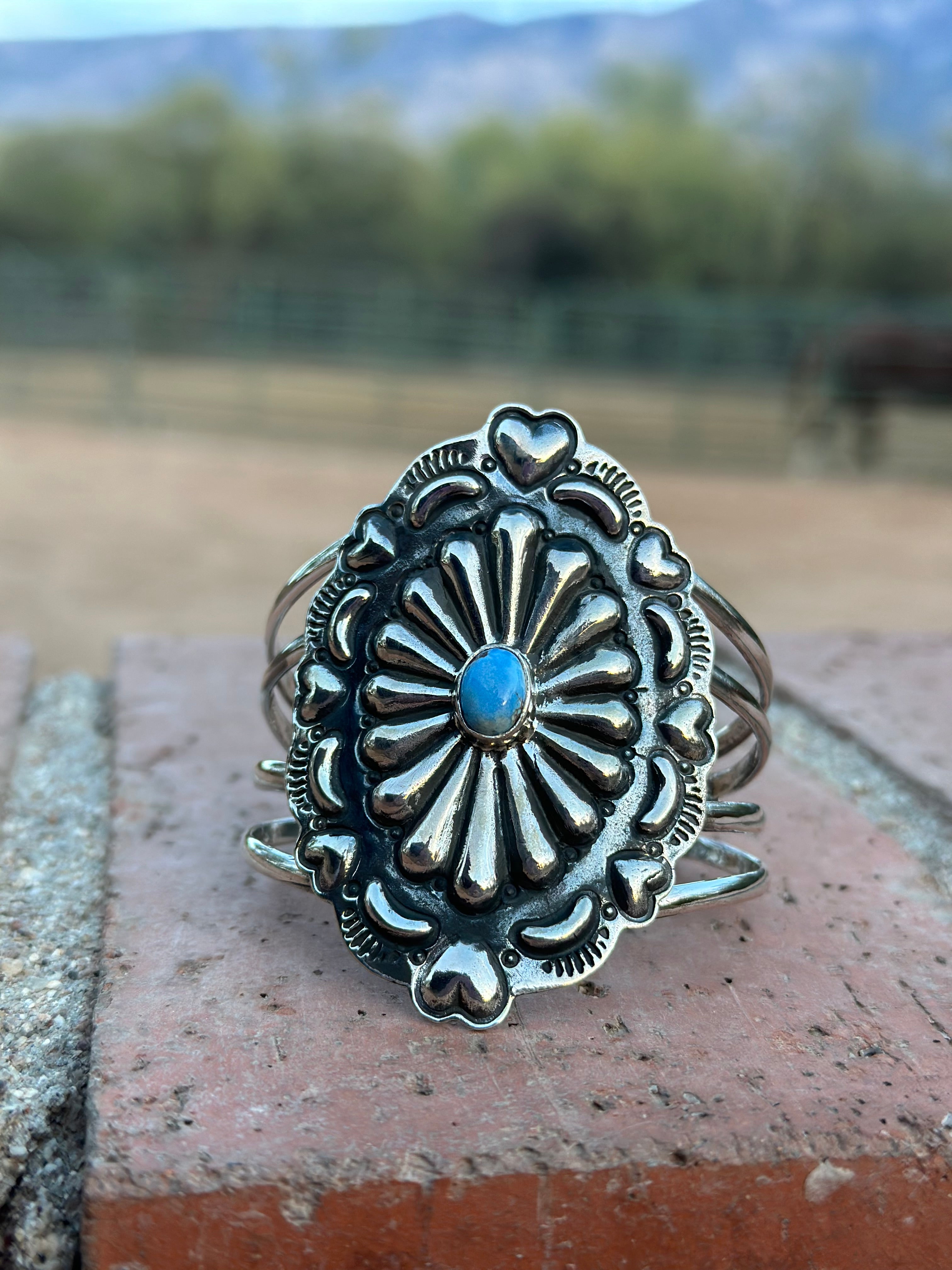 Handmade Sterling Silver & Golden Hills Turquoise Concho Cuff