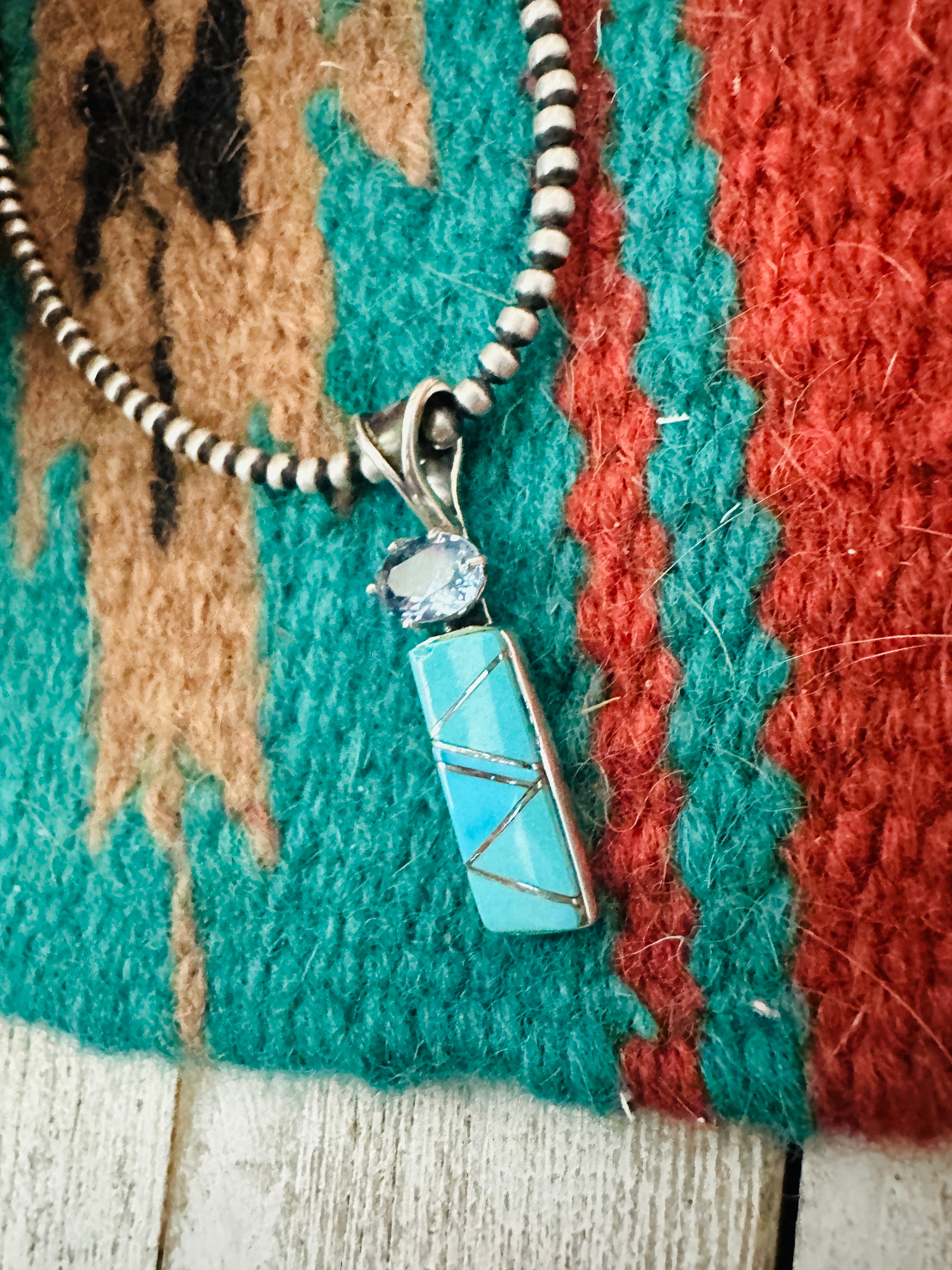 Navajo Turquoise, Aquamarine & Sterling Silver Inlay Pendant