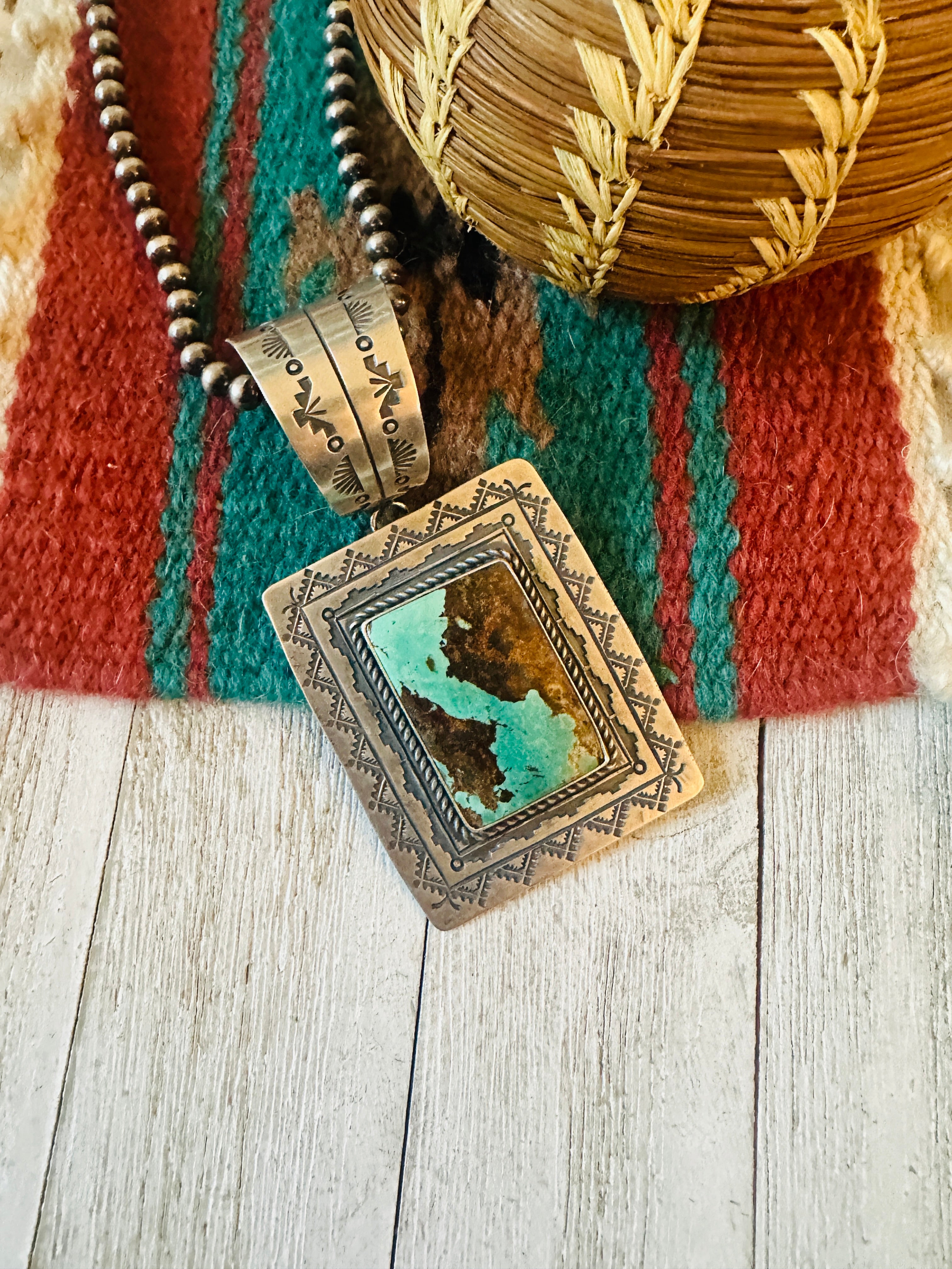 Navajo Hand Stamped Sterling Silver & Turquoise Concho Pendant