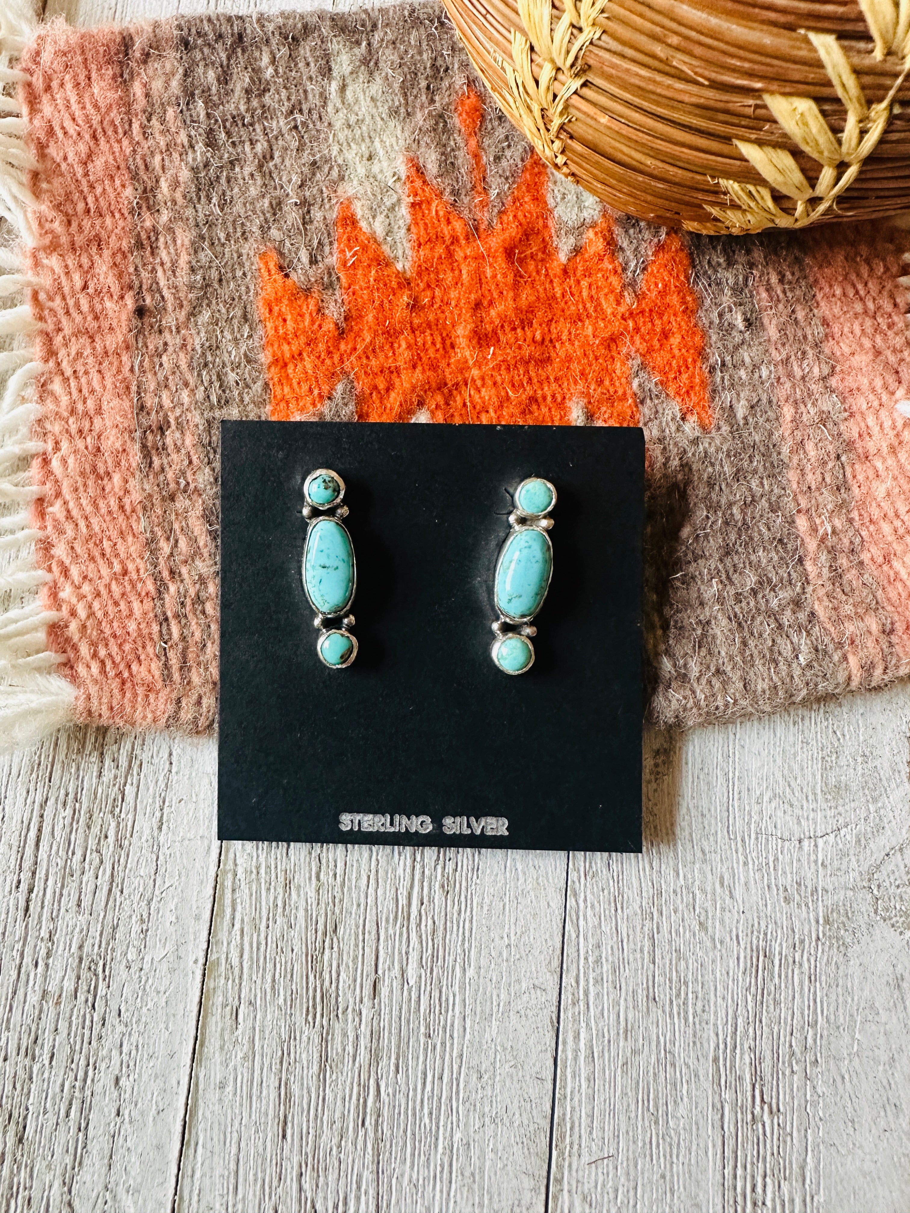 Navajo 3-Stone Turquoise And Sterling Silver Dangle Earrings