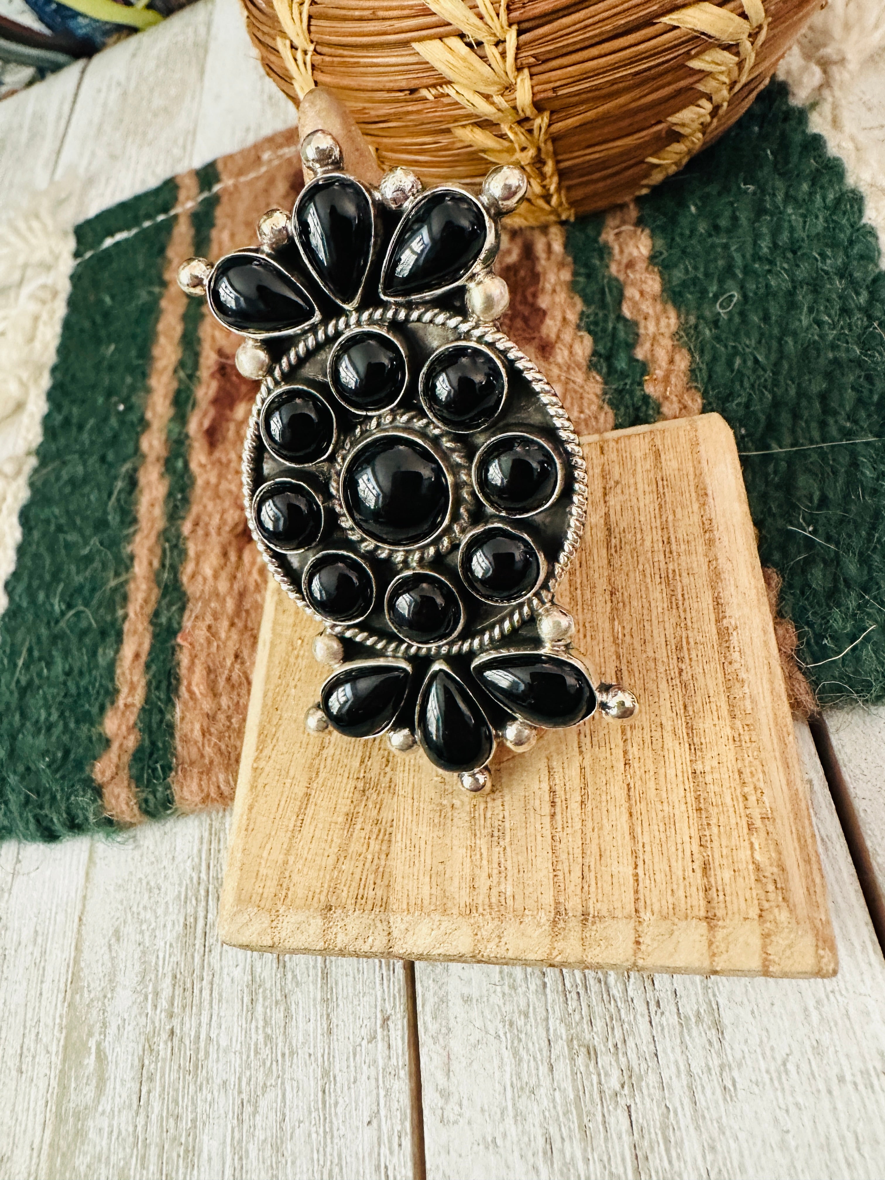 Navajo Sterling Silver & Black Onyx Cluster Adjustable Ring